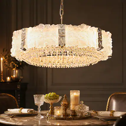 Front. Siljoy - 24 Inch Oval Luxury Gold Crystal Chandelier with Icy Texture Glass, Pendant Light for Dining Room, Living Room - Champagne Gold.