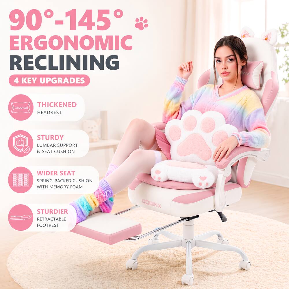 90°-145° ERGONOMIC RECLINING  
4 KEY UPGRADES  
THICKENED HEADREST  
STURDY LUMBAR SUPPORT & SEAT CUSHION  
WIDER SEAT WITH SPRING-PACKED MEMORY FOAM CUSHION  
STURDIER RETRACTABLE FOOTREST