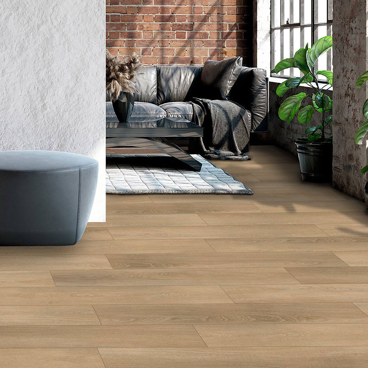 Left. Dotfloor - Superoak Lite Laminate Flooring - 48"x7.7" Planks, 10 Planks/Box (25.6 sq ft/Box), 9.5mm Thick, AC4 Wear Rating - Golden Oakley.