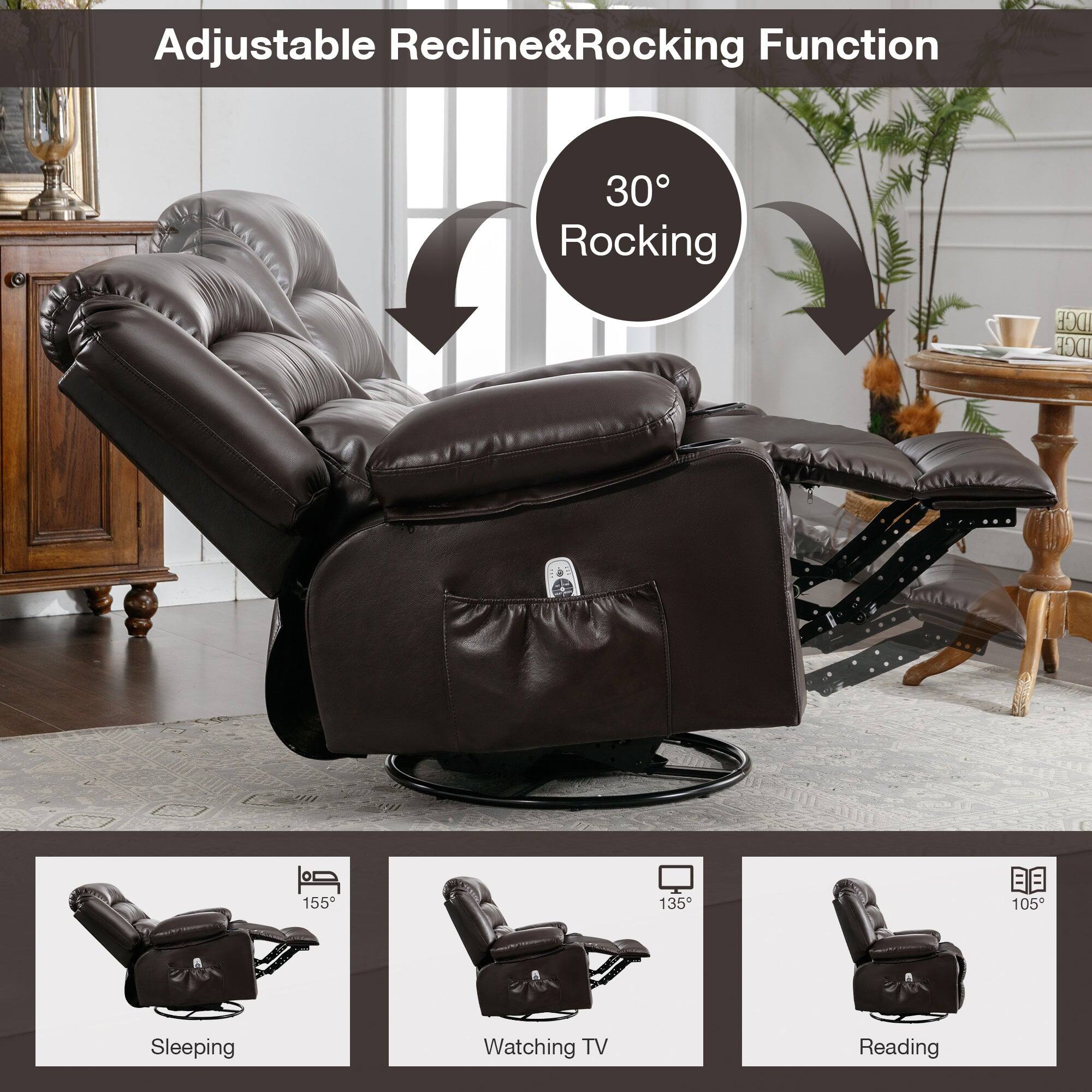 Adjustable Recline&Rocking Function 30° Rocking 155° Sleeping 135° Watching TV 105° Reading