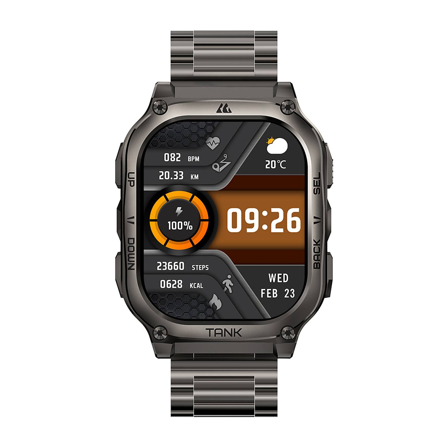 UP V DOWN 082 BPM 20C 20.33 KM 09:26 = 100% 23660 STEPS BACK WED 0628 KCAL FEB 23 TANK