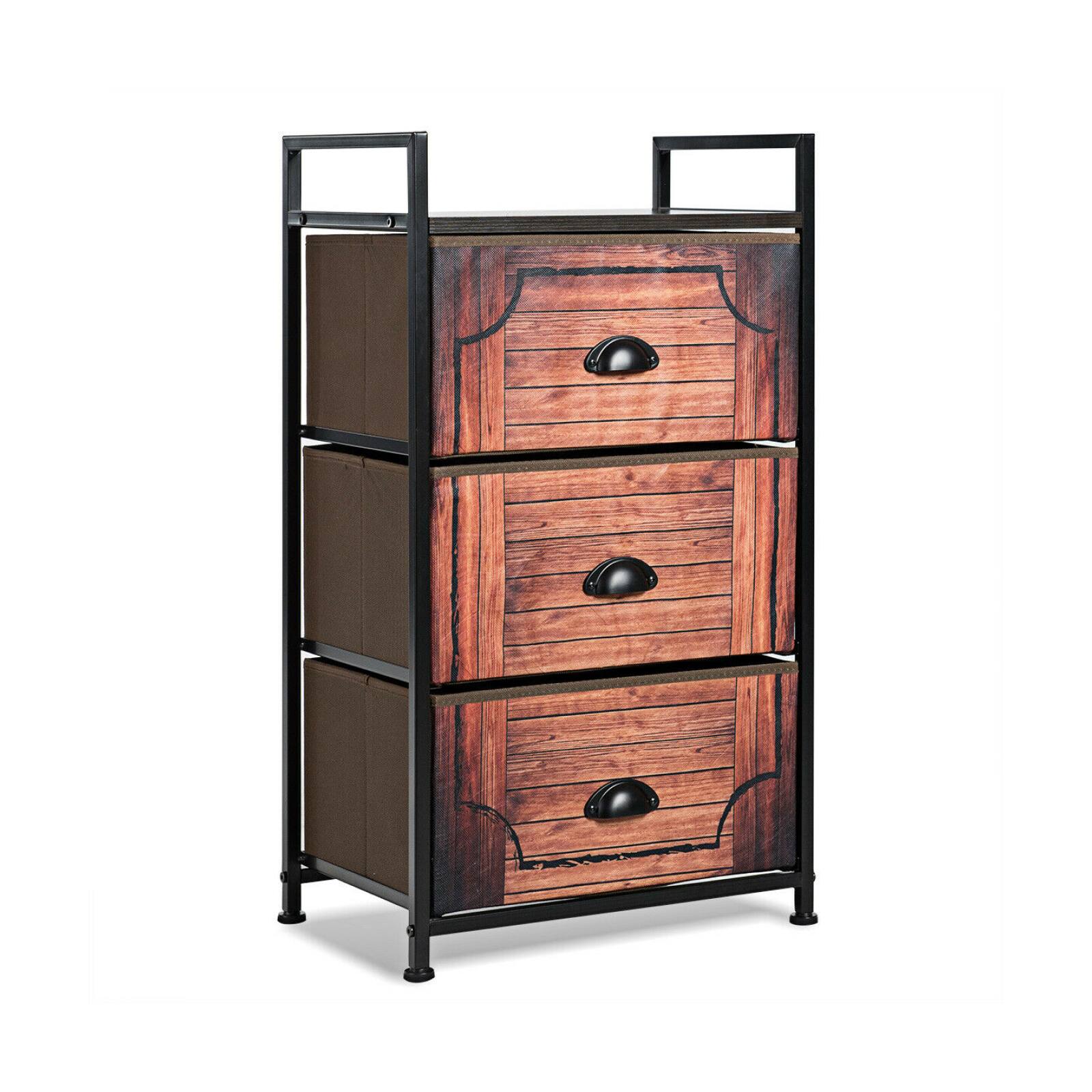 Front. Ecooso - Industrial 3-Tier Fabric Nightstand Dresser with Drawers and Sturdy Steel Frame - Brown.