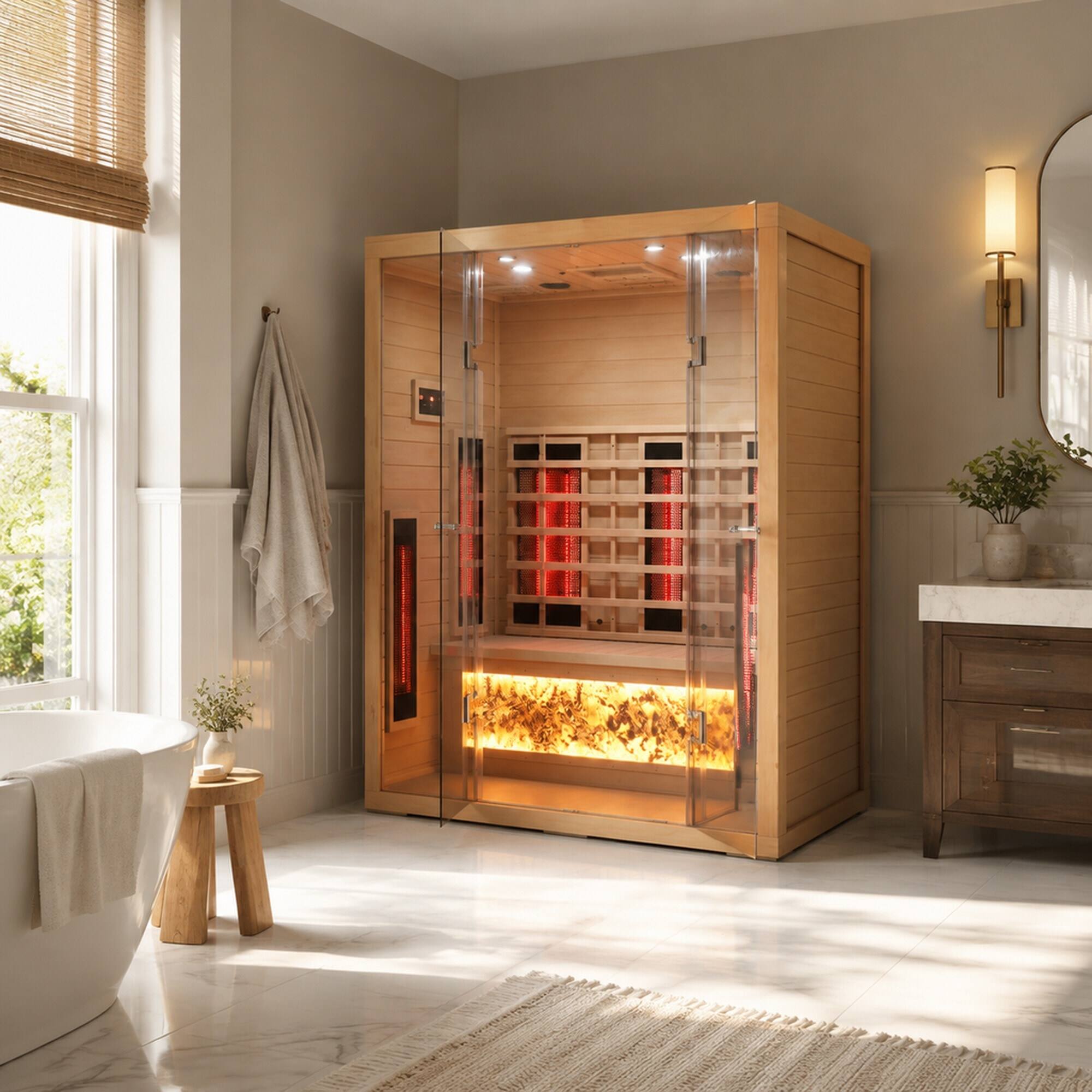 Back. RYHNUYNE - 3 Person Hemlock Wood Far Infrared Sauna, Dry Heat, Low EMF Heaters, Digital Control Panel, Home Spa - Natural.