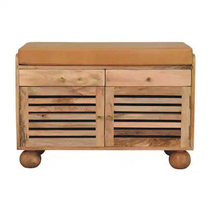 Front. Artisan Furniture - Artisan Furniture Solid Wood Shutter Oak-ish Shoe Rack with 2 drawers, Upholstered, 2 Doors, Brown - Brown.