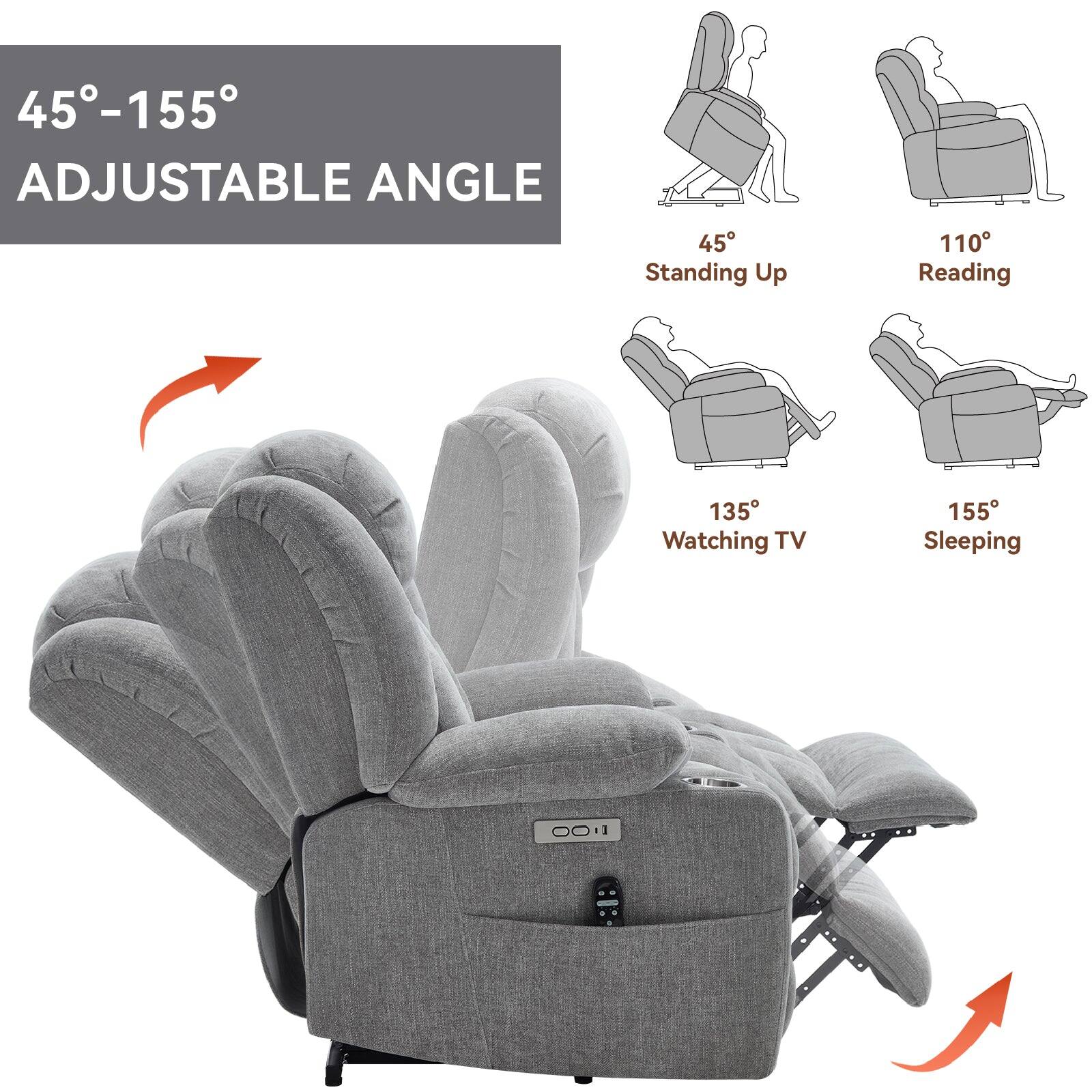 45°-155°  
ADJUSTABLE ANGLE  

45° Standing Up  
110° Reading  
135° Watching TV  
155° Sleeping