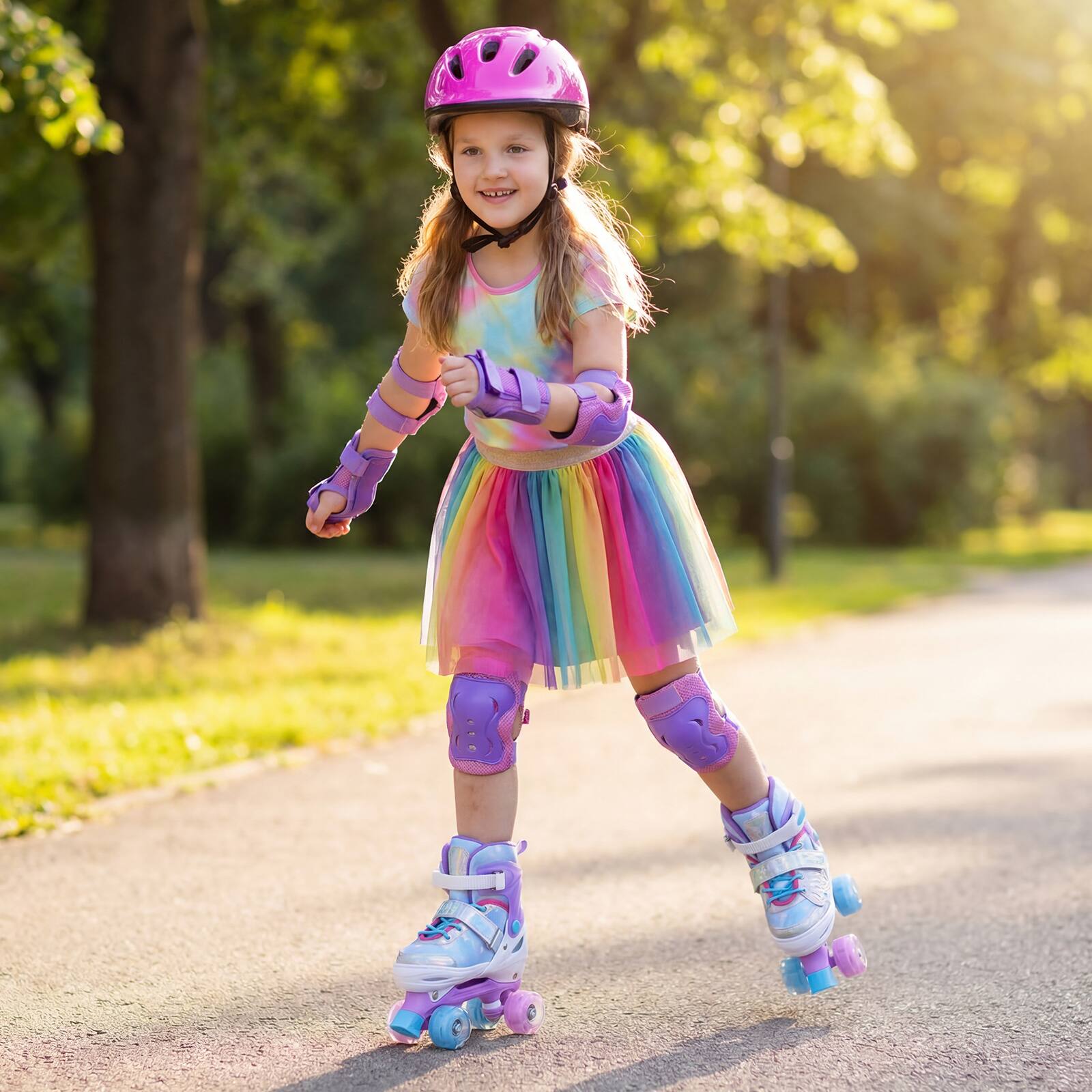 Alt View 3. Costway - Costway Kids Roller Skates 4 Sizes Adjustable Quad Skates with Light-up Wheels for Ages 7-9 - Blue.