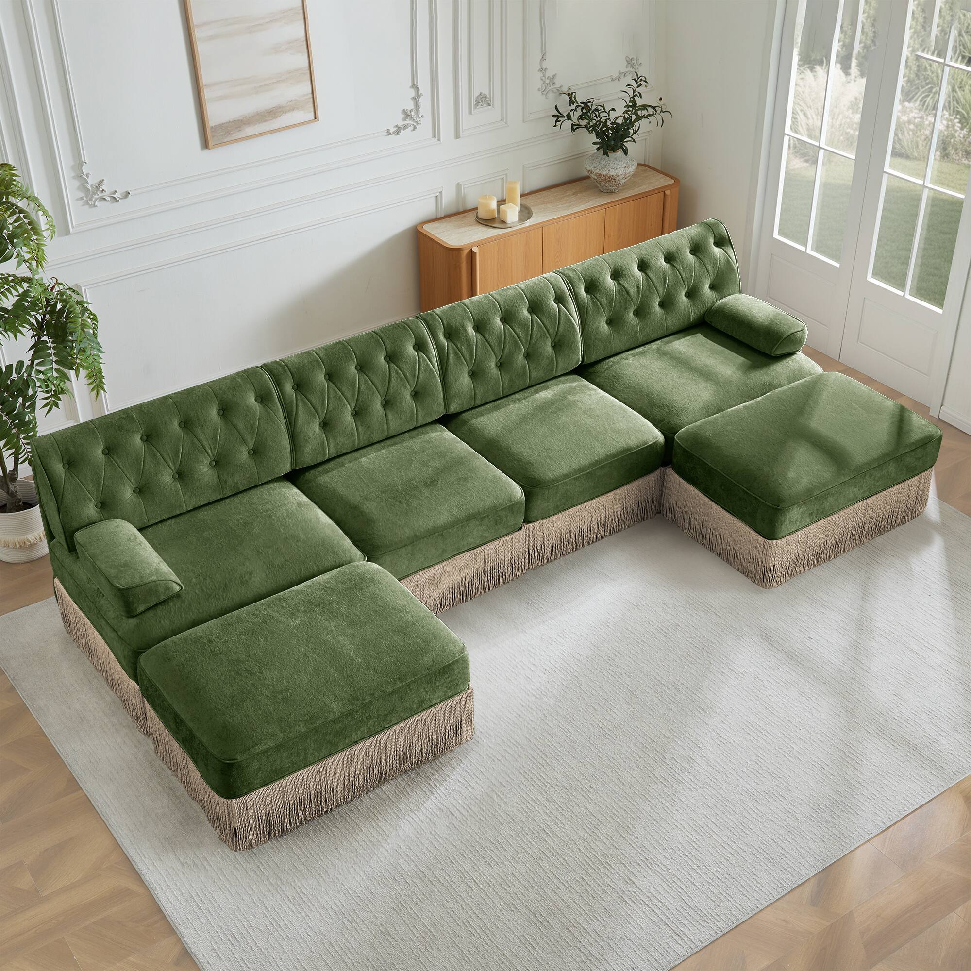 Angle. LOVMOR - 4 Seater Velvet Sectional Couch Modular Compressed Pack Tufted For Living Room Bedroom Den Soft Modern Elegant - Green.