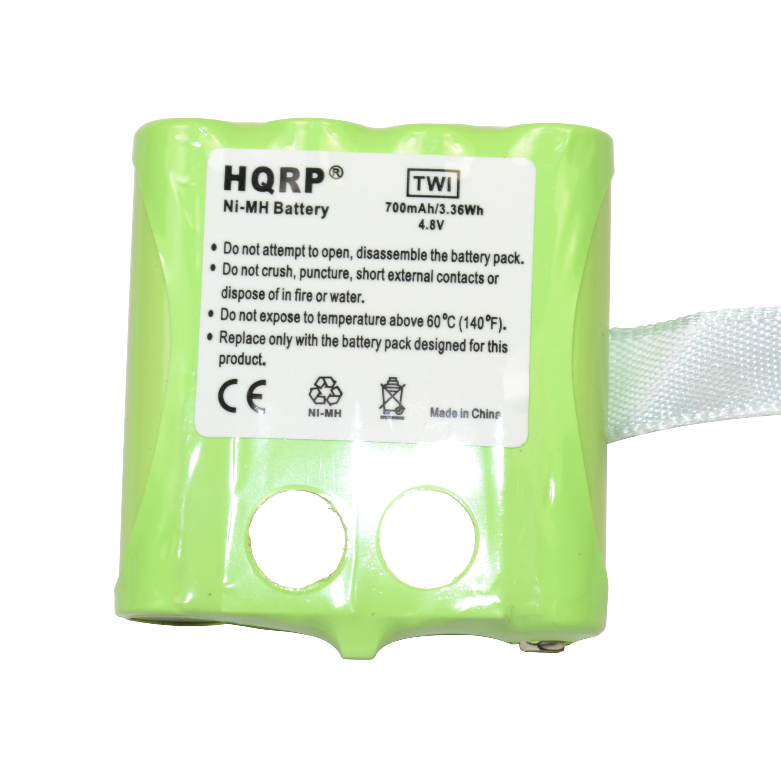 HQRP TWI Ni-MH Battery 700mAh/3.36Wh 4.8V

Do not attempt to open, disassemble the battery pack. Do not crush, puncture, short external contacts or dispose of in fire or water. Do not expose to temperature above 60C (140F). Replace only with the battery pack designed for this product.

CE NI-MH Made in China