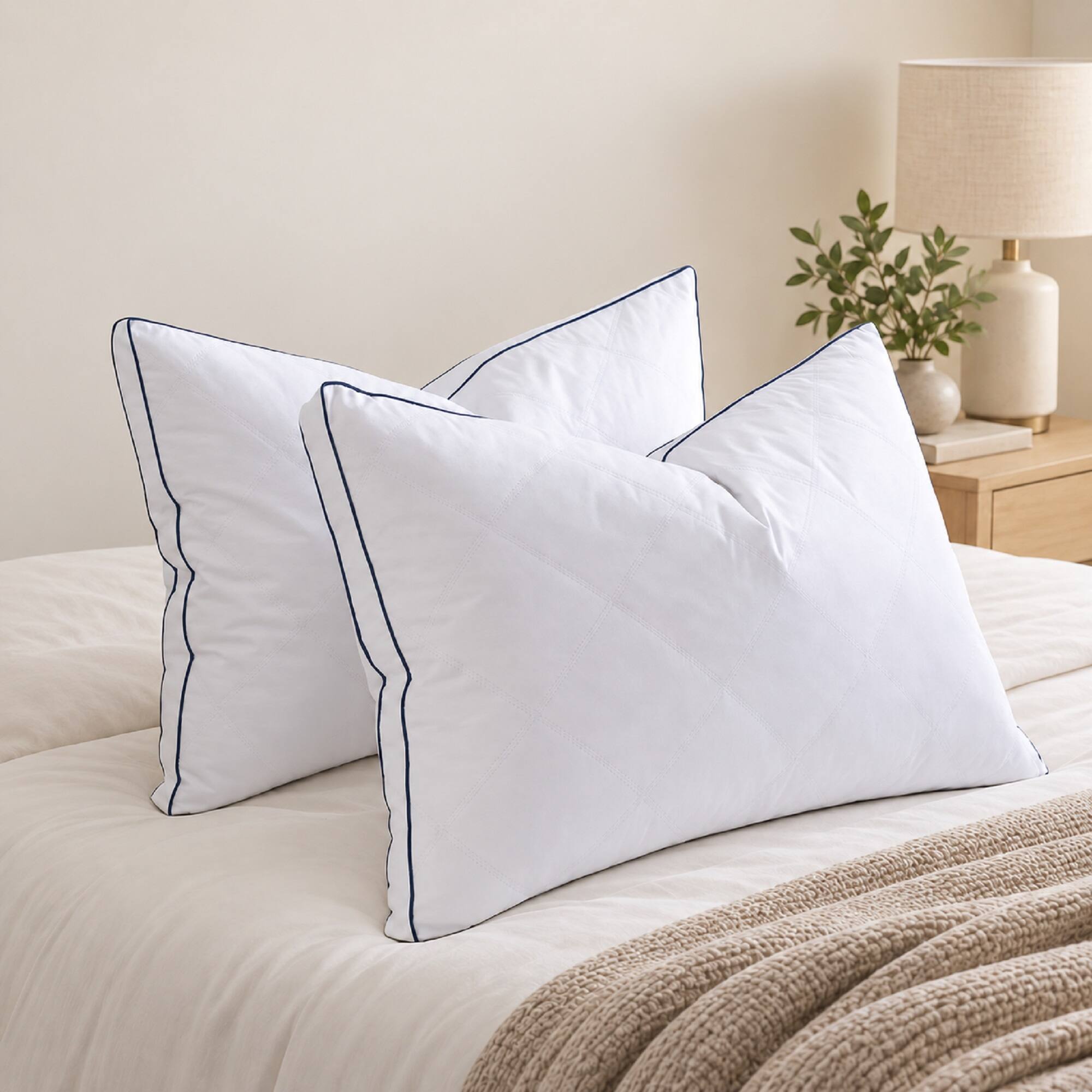 Angle. Peace Nest - Peace Nest Goose Feather Down Pillow White Quilted Cotton Cover Set of 2 - White.