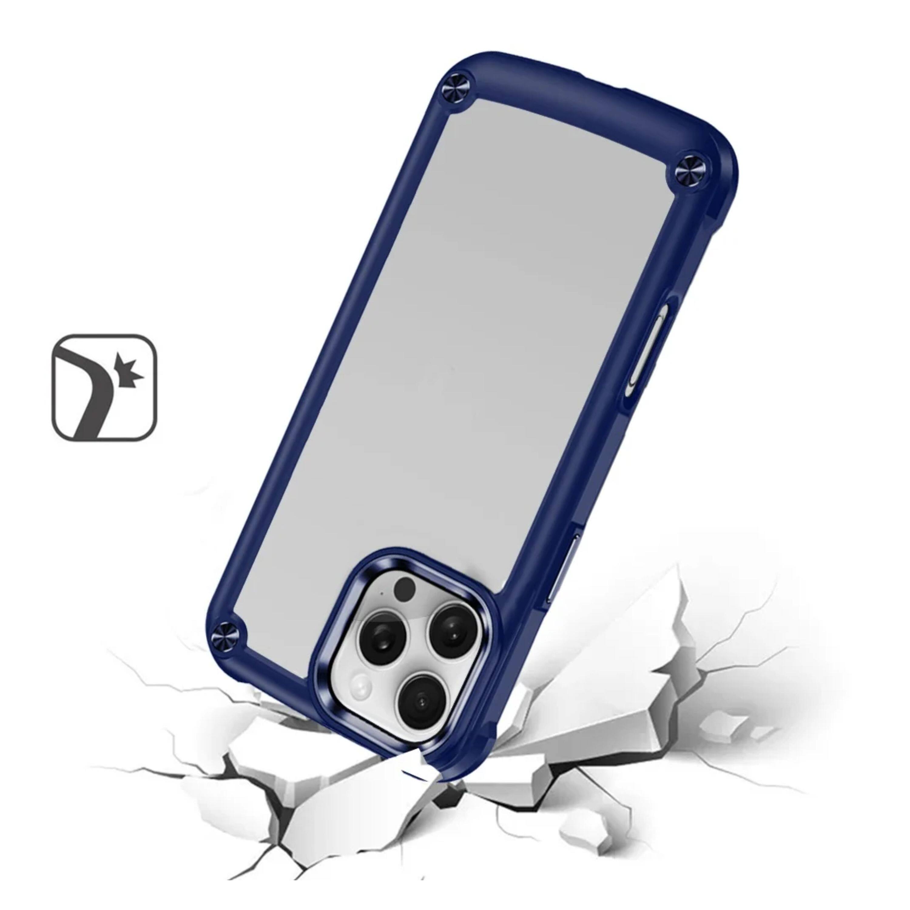 Left. Kitcheniva - Raised Camera Lip Metal Buttons Phone Case With Tempered Glass For iPhone 16 Pro Blue - Blue.
