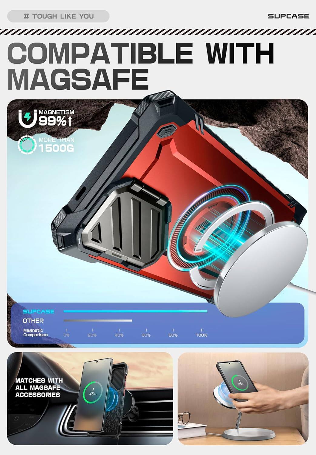 # TOUGH LIKE YOU

COMPATIBLE WITH MAGSAFE

MAGNETISM 99% MORE THAN 1500G

SUPCASE OTHER Magnetic Comparison

0% 20% 40% 60% 80% 100%

MATCHES WITH ALL MAGSAFE ACCESSORIES

45%