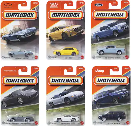 CHEVROLET 311 83/125 - Ss
Ford 7 38/125
AUDI E-TRON 3 98/125
PORSCHE 381E 27/125
Jeep 3 123/125
1953 CHEVY CORVETTE 3+
1954 MITSUBISHI JUUDI
2022 FORD F-150 LIGHTNING
2022 JEEP WAGONEER
PORSCHE 911 CARRERA CABRIOLET
MATCHBOX
MATCHBOX
MATCHBOX
MATCHBOX
MATCHBOX
MATCHBOX
LIFETIME
LIFETIME
LIFETIME
LIFETIME
LIFETIME
LIFETIME
