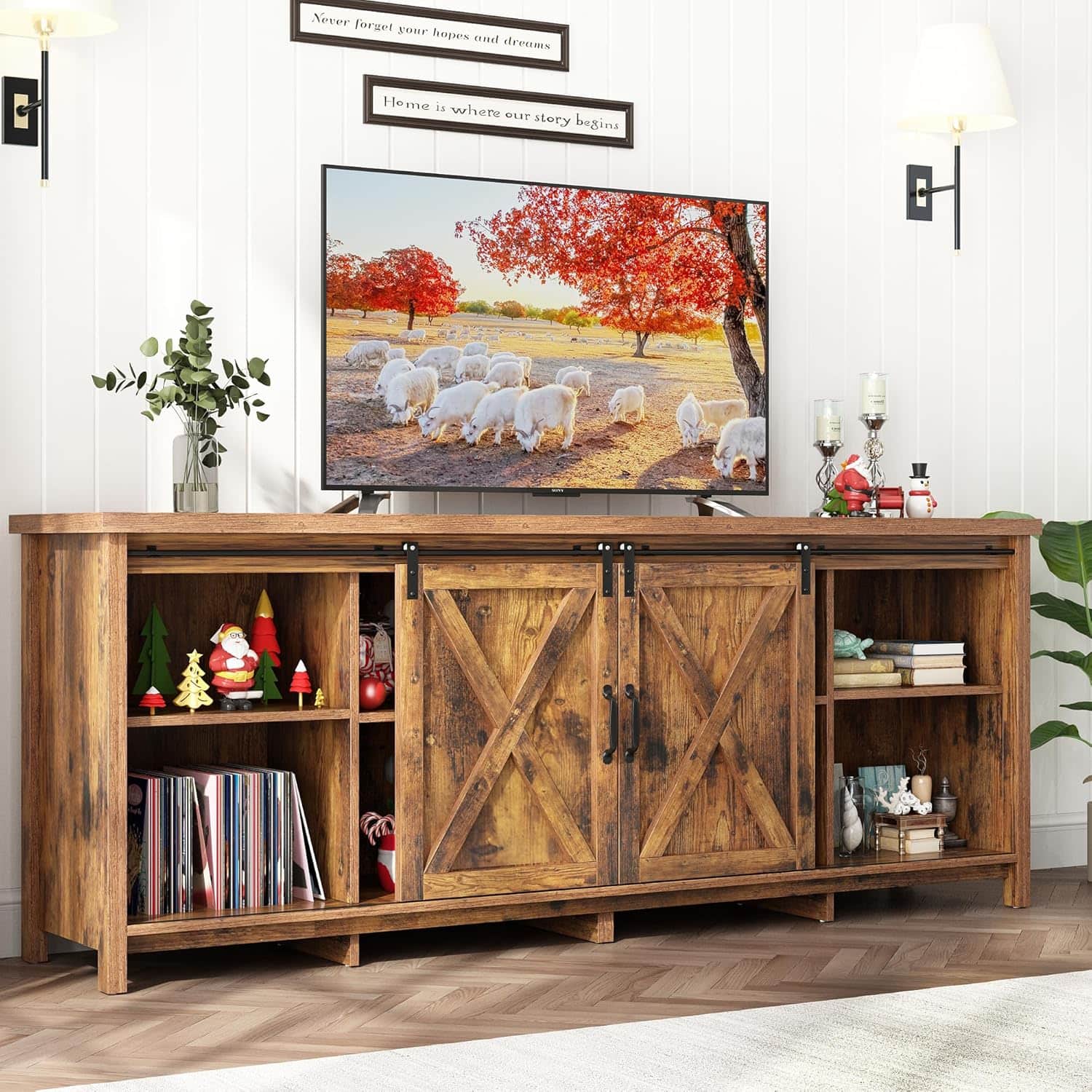 Espafurni - 70" Farmhouse TV Stand - Fits 70 - 80" TVs, Adj Shelves, Barn Door, for Home - Brown