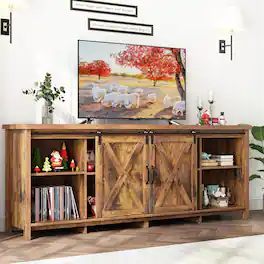 Espafurni - 70" Farmhouse TV Stand - Fits 70 - 80" TVs, Adj Shelves, Barn Door, for Home - Brown