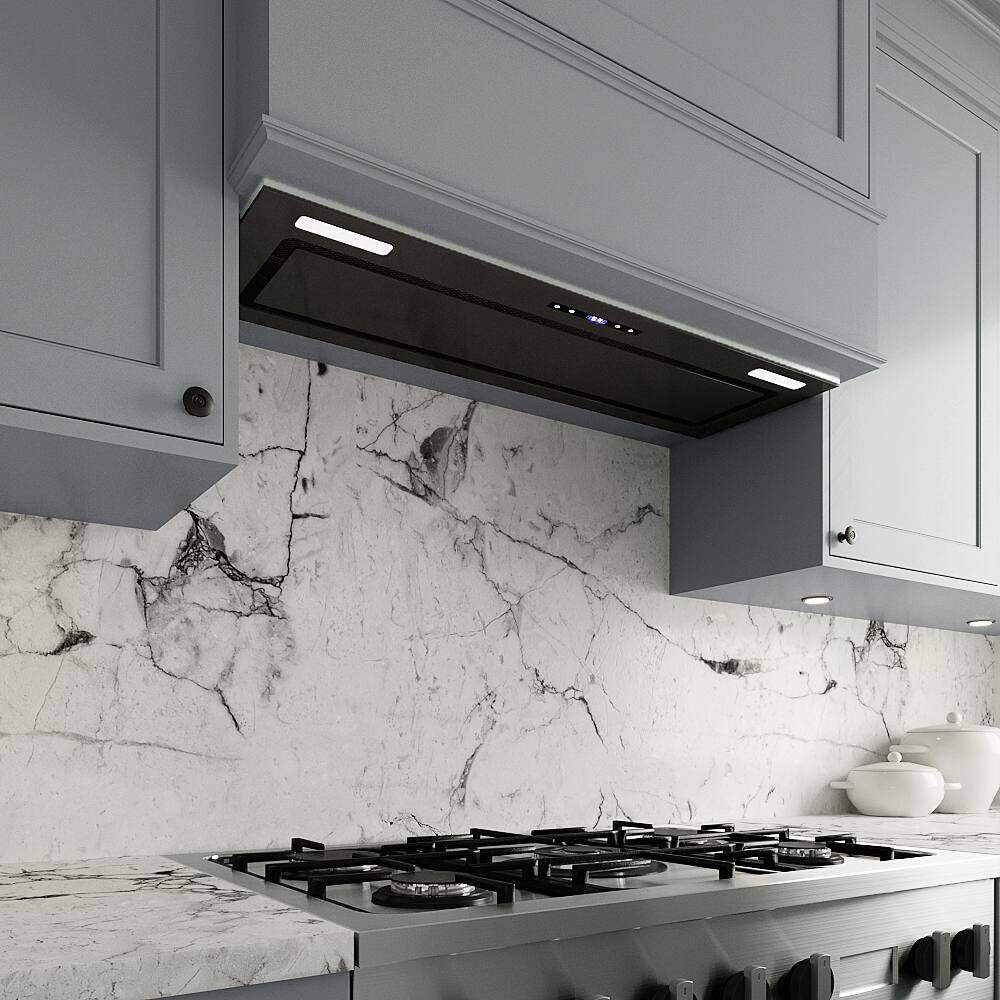 Back. Streamline - 36 in. Gorizia Ducted Insert 350 CFM Range Hood, Mesh Filters, Touchpad Control, LED Lights - Glossy Black.