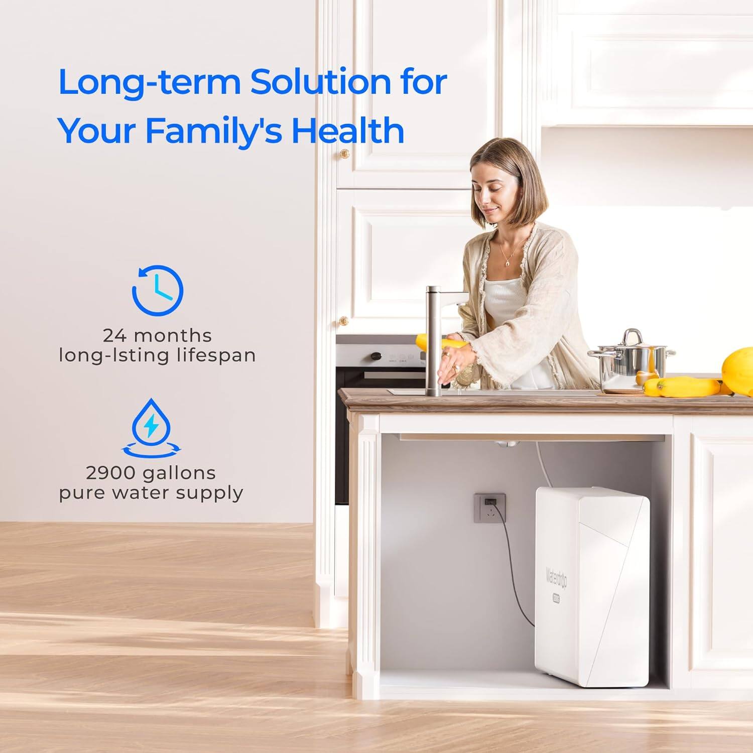 Long-term Solution for Your Family's Health

24 months long-lasting lifespan
2900 gallons pure water supply