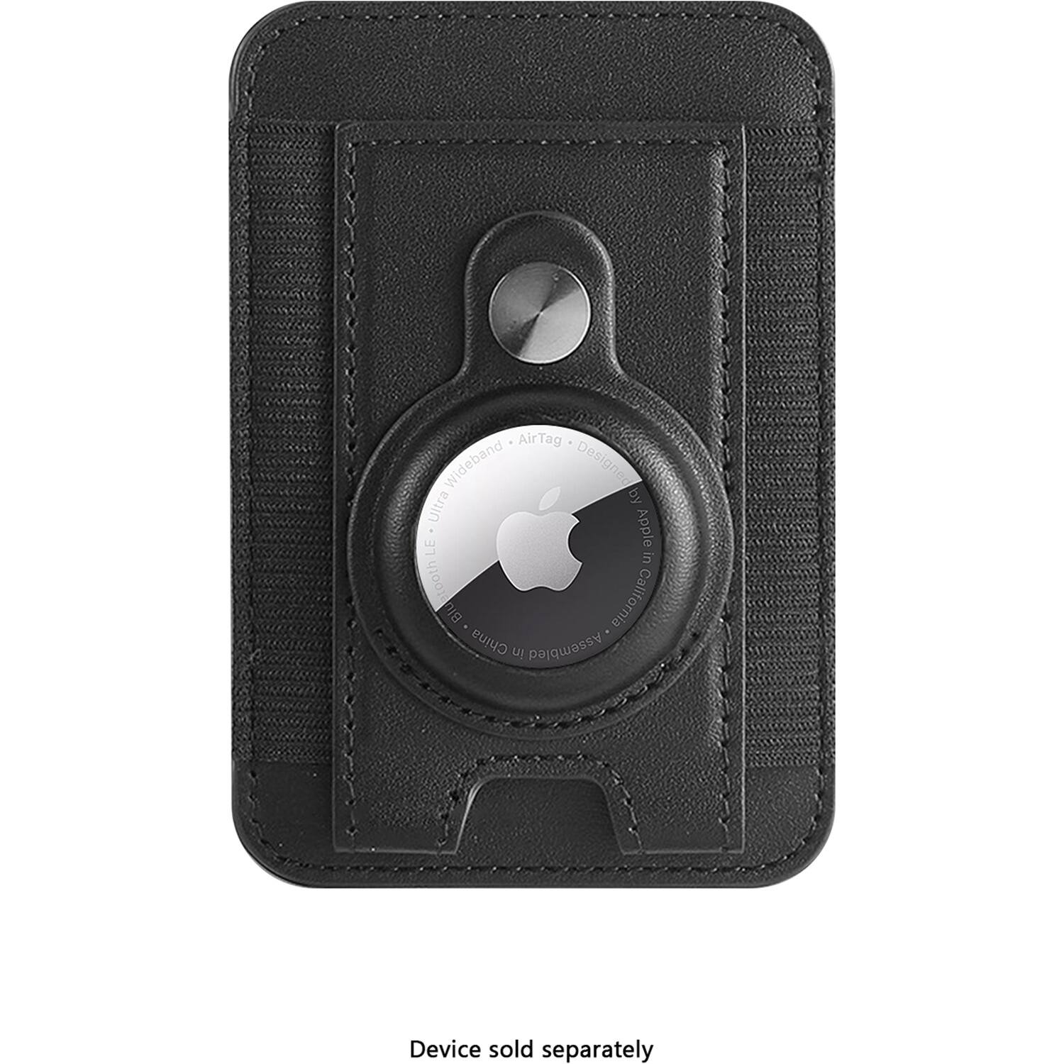 The image features a black leather case for an Apple iPhone. The case is designed by Ultra and is made in California and China. The device is assembled in California and is sold separately. The case is designed to hold the iPhone securely and protect it from scratches and other damages.