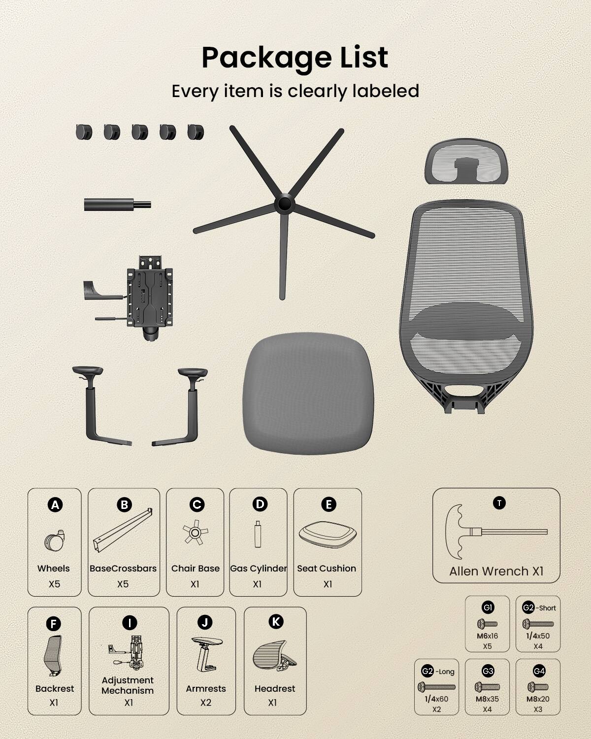 Package List  
Every item is clearly labeled

A  
Wheels X5

B  
BaseCrossbars X5

C  
Chair Base X1

D  
Gas Cylinder X1

E  
Seat Cushion X1

F  
Backrest X1

G  
Adjustment Mechanism X1

H  
Armrests X2

I  
Headrest X1

J  
Allen Wrench X1

G1  
M6x16 X5

G2 - Short 1/4x50 X4

G2 - Long 1/4x60 X2

G3  
M8x35 X4

G4  
M8x20 X3