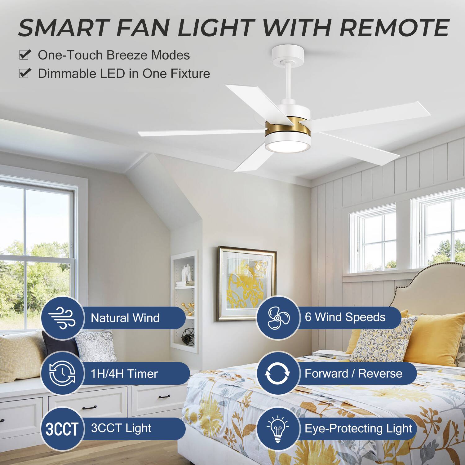 SMART FAN LIGHT WITH REMOTE

- One-Touch Breeze Modes
- Dimmable LED in One Fixture

- Natural Wind
- 1H/4H Timer
- 3CCT Light
- 6 Wind Speeds
- Forward / Reverse
- Eye-Protecting Light