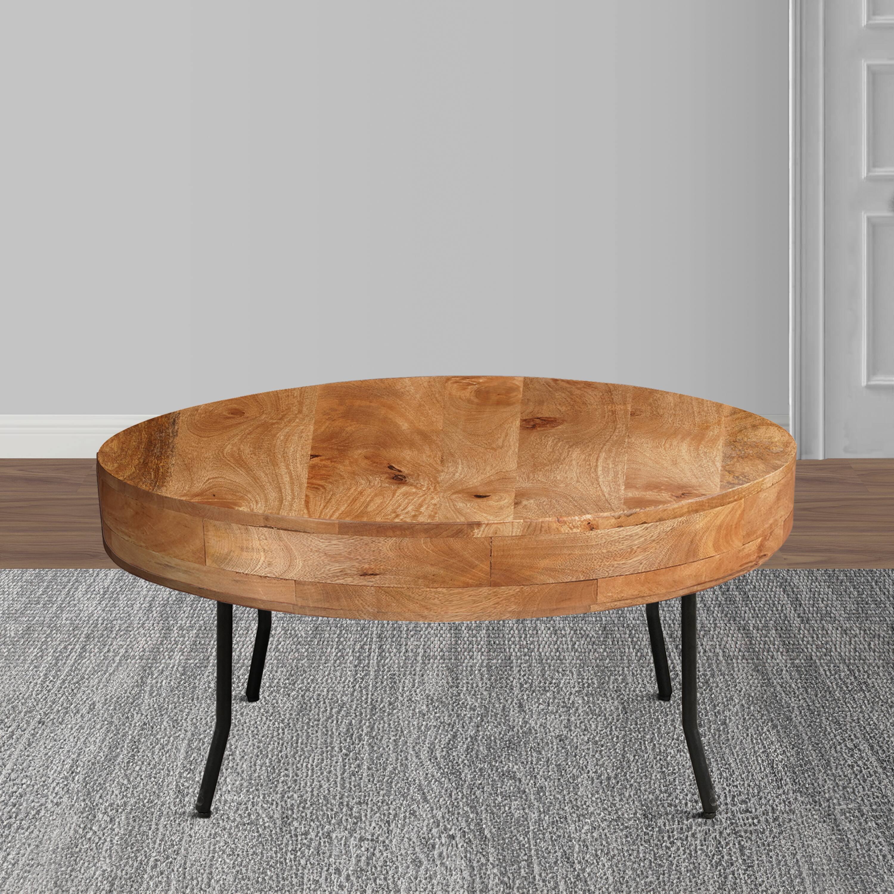 Alt View 7. Manhattan Lane - 32 Inch Coffee Table, Handcrafted Mango Wood Round Top, Black Metal Angled Legs - Brown, Black.