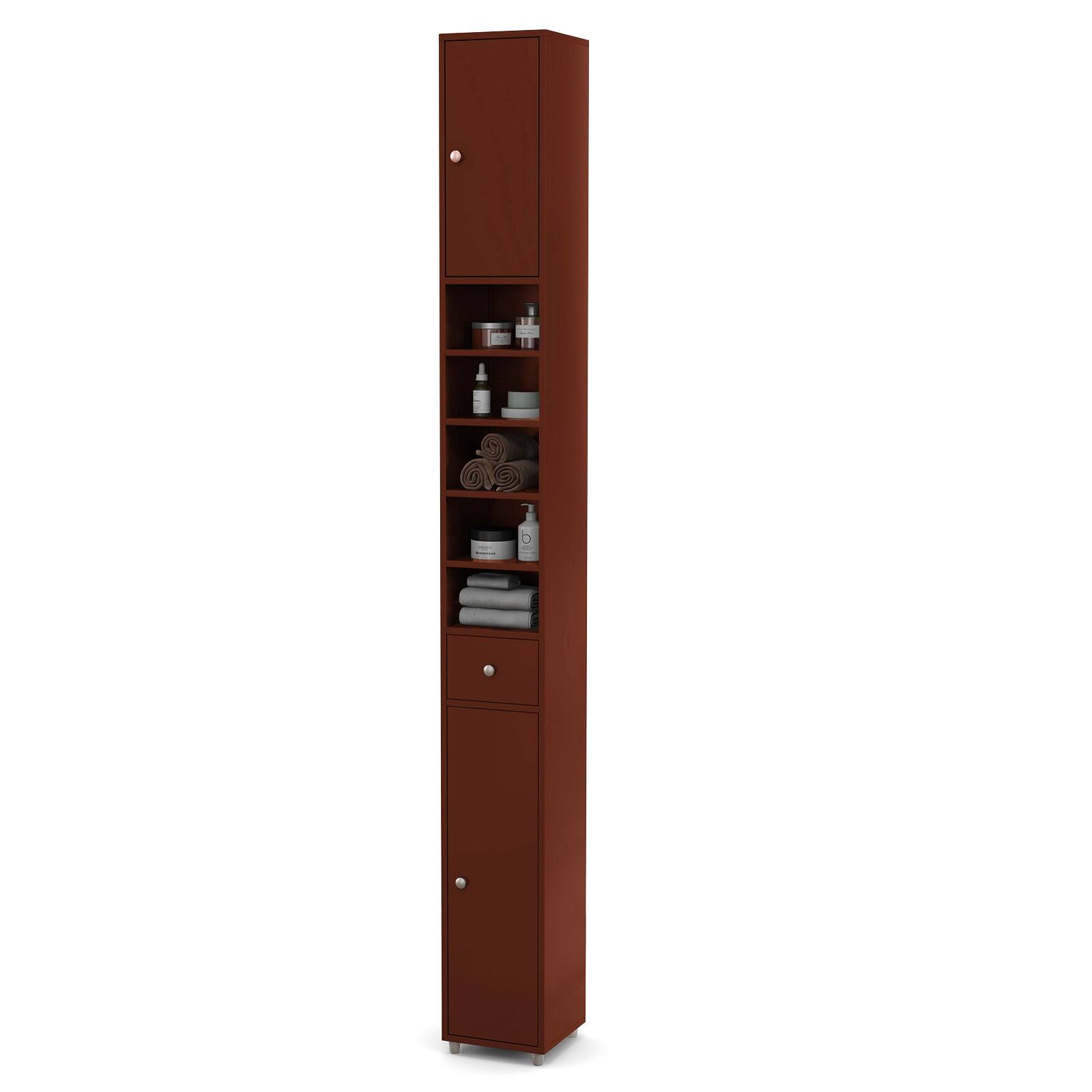 Front. Ecooso - Slim Freestanding Bathroom Storage Cabinet with Drawer and Adjustable Shelves - Brown.
