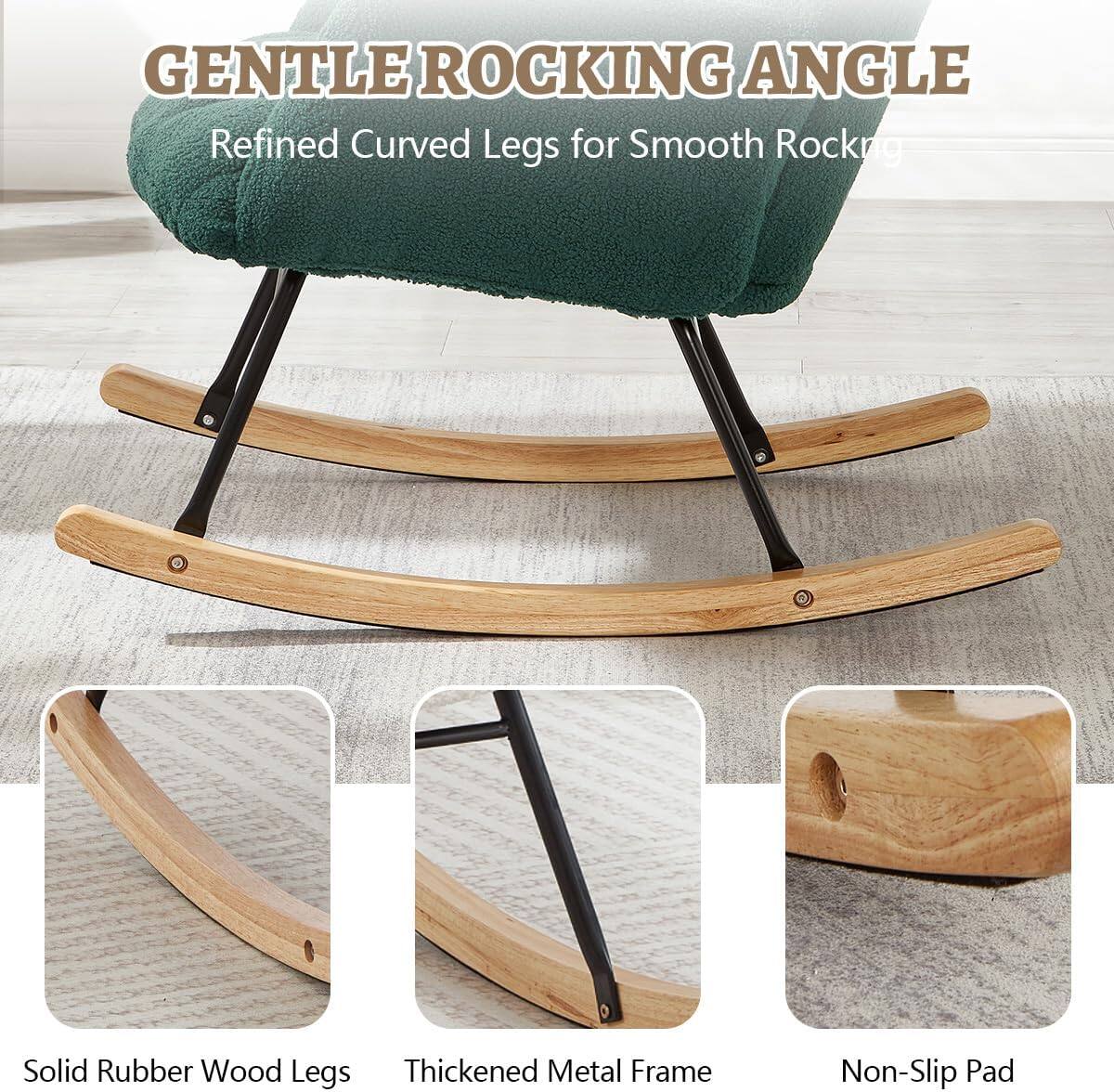 GENTLE ROCKING ANGLE  
Refined Curved Legs for Smooth Rocking  

- Solid Rubber Wood Legs  
- Thickened Metal Frame  
- Non-Slip Pad