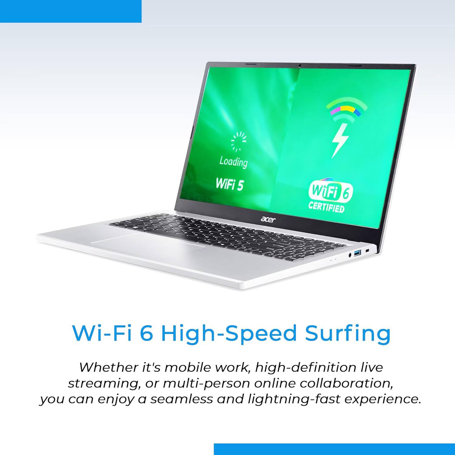 3
Loading WiFi 5 acer
Wi-Fi 6 CERTIFIED
Wi-Fi 6 High-Speed Surfing Whether it's mobile work, high-definition live streaming, or multi-person online collaboration, you can enjoy a seamless and lightning-fast experience.