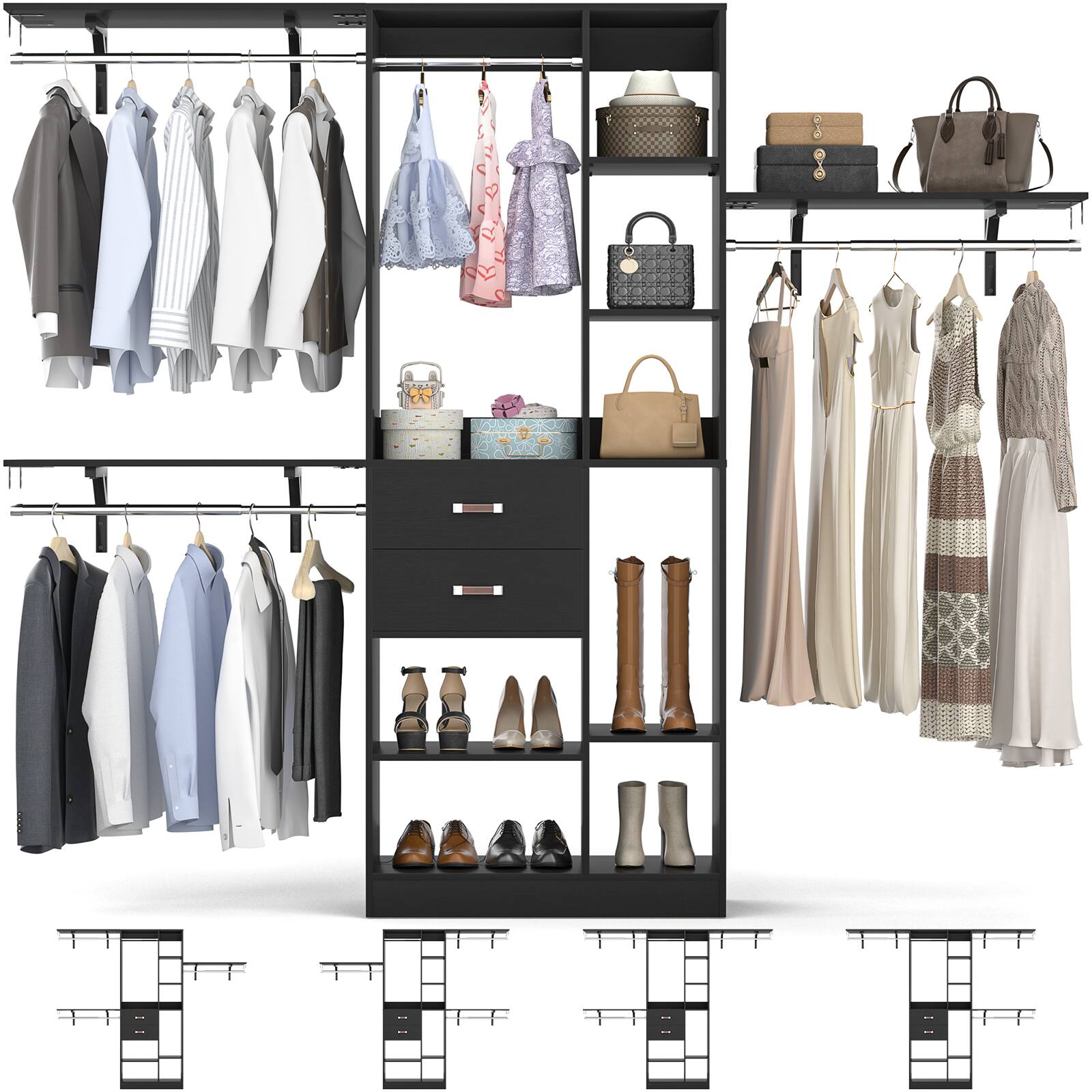 Alt View 1. Aheaplus - Upgraded 96'' Closet System with 13 Storage Shelves, 8FT Open Wardrobe System with 2 Wooden Drawers & 4 Hanging Rods - Black.