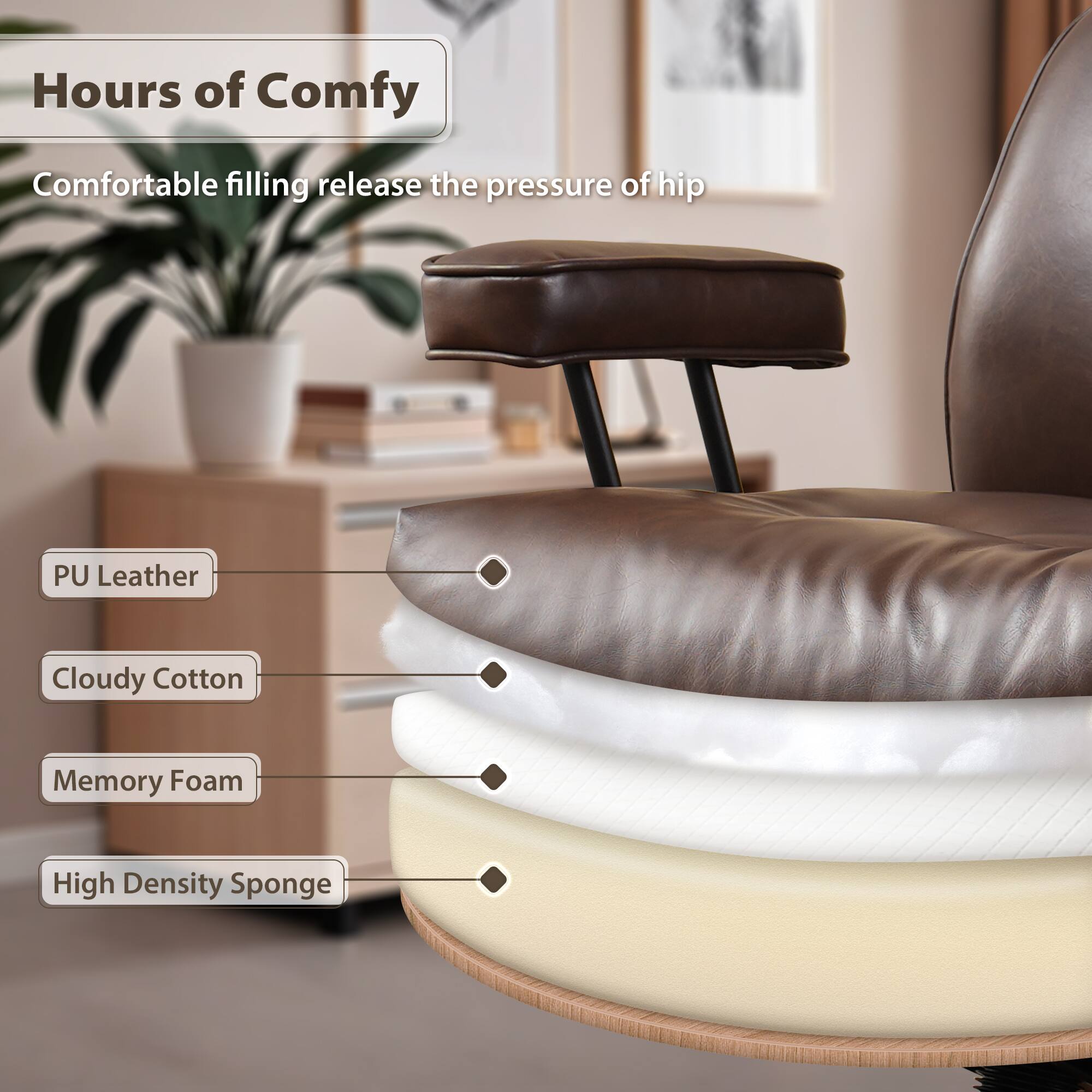 Hours of Comfy  
Comfortable filling release the pressure of hip  

PU Leather  
Cloudy Cotton  
Memory Foam  
High Density Sponge