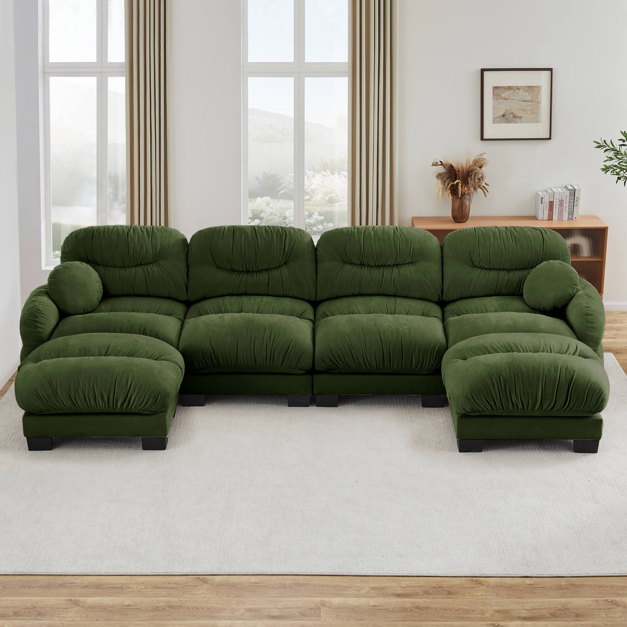 Left. Anysun - 4-Seater U Shape Sectional Couch with 2 Ottomans, Chenille Fabric, High-Density Foam & Curved Armrests for Living Room - Green.