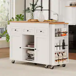 Whisen - Extendable Kitchen Island Dining Table Cart Storage Cabinet with Power Outlet Black for Dining Room - White