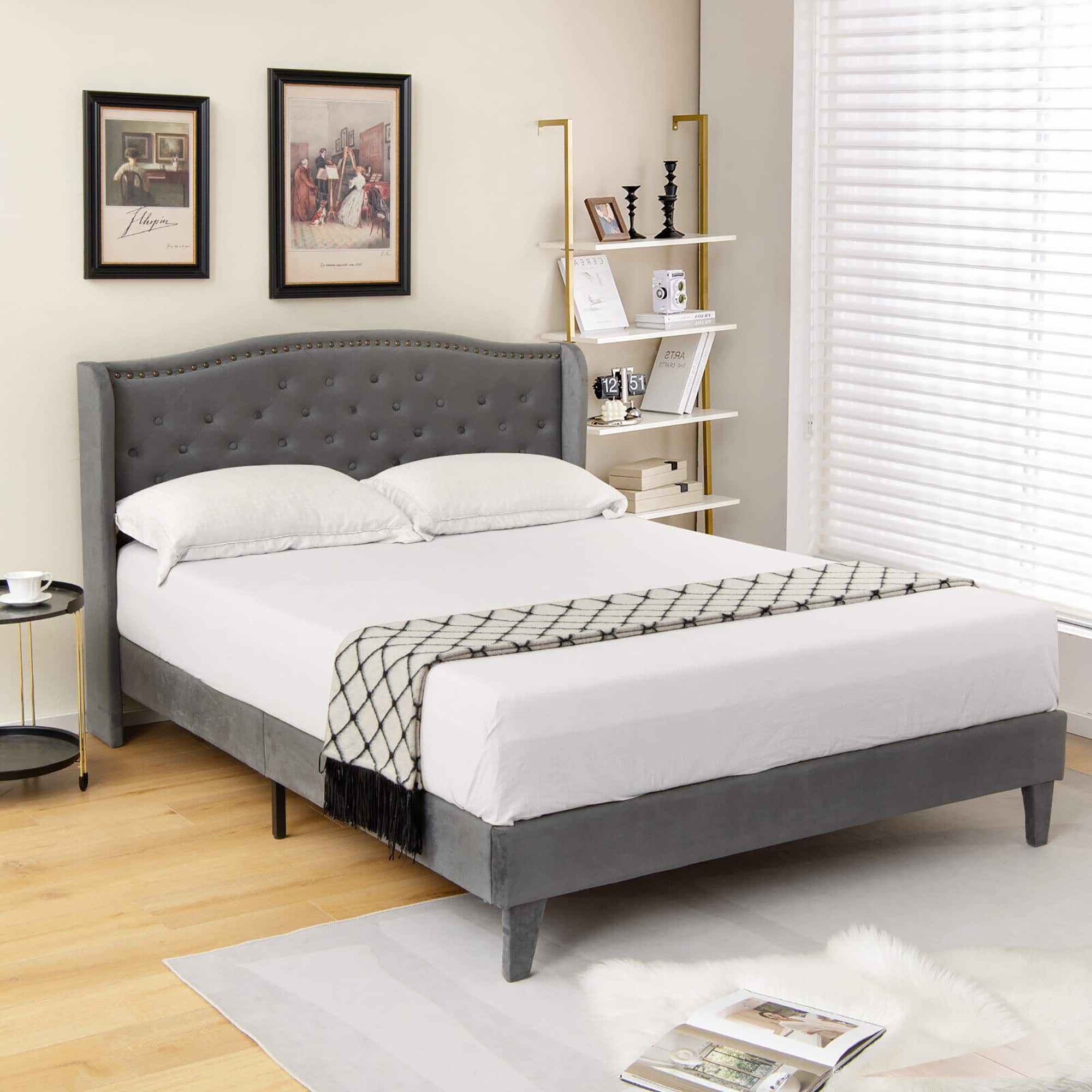 Gymax - Full Upholstered Platform Bed Frame w/ Button Tufted Headboard Wooden Slats - Gray price history on PriceWatchPro