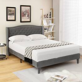 Gymax - Full Upholstered Platform Bed Frame w/ Button Tufted Headboard Wooden Slats - Gray
