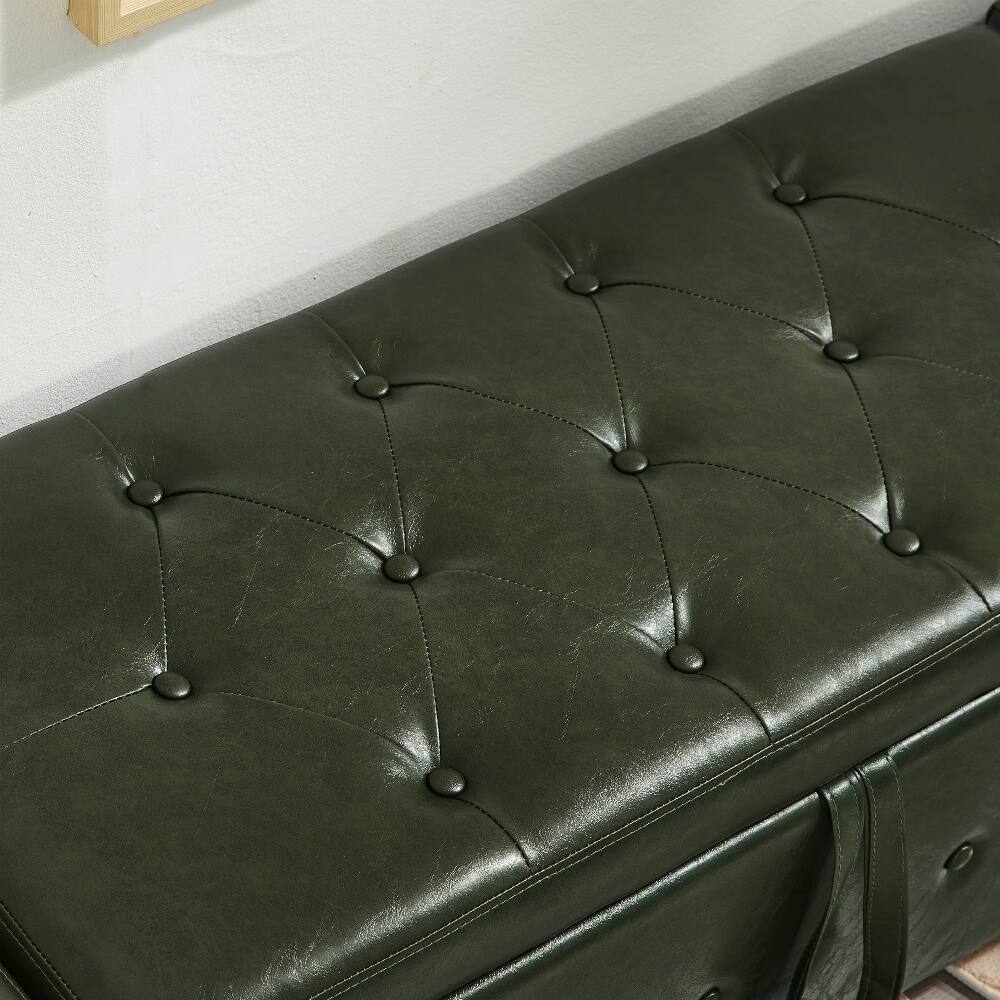 Alt View 3. Ropilly - Ropilly 48 Inch Dark Green Tufted Faux Leather Storage Ottoman Bench Entryway Shoe Bench - Dark Green.