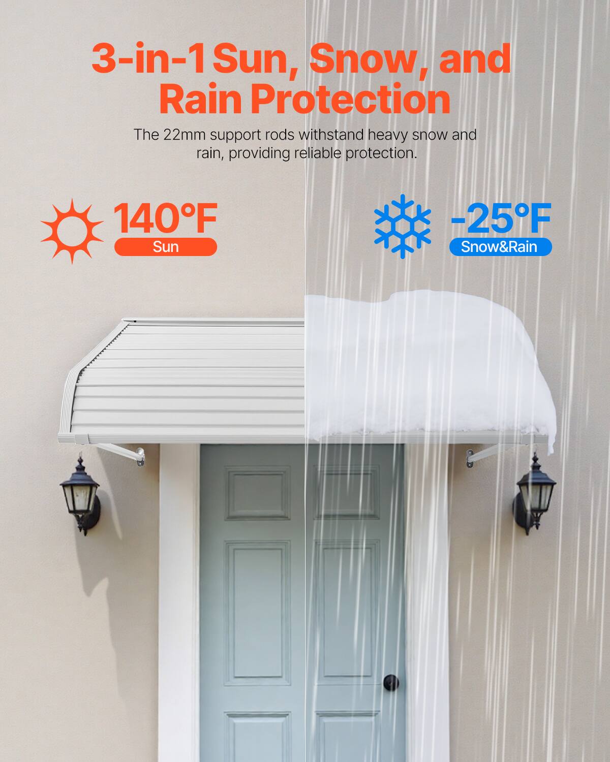 3-in-1 Sun, Snow, and Rain Protection

The 22mm support rods withstand heavy snow and rain, providing reliable protection.

140°F Sun

-25°F Snow & Rain