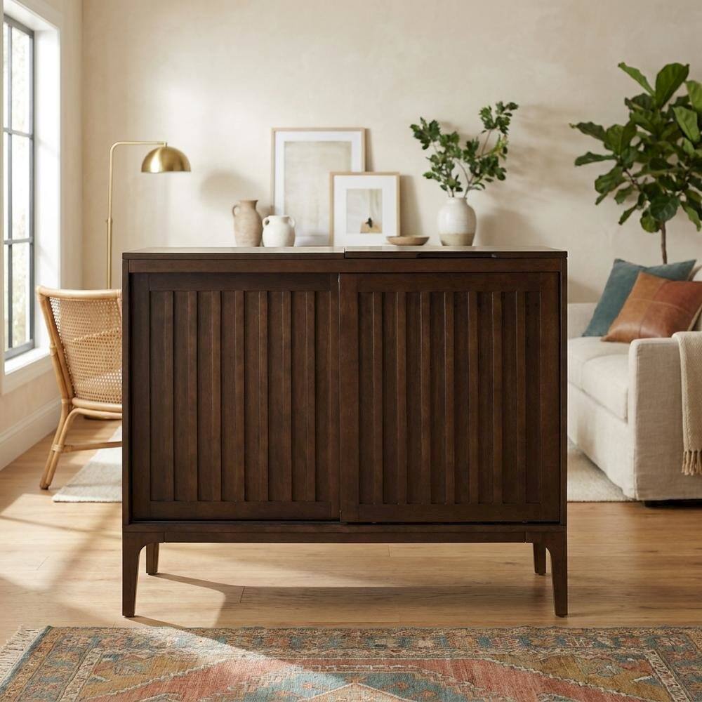 Alt View 5. FurniFact - Brown Large Record Player Cabinet with Vinyl Storage Shelves - Dark Brown.