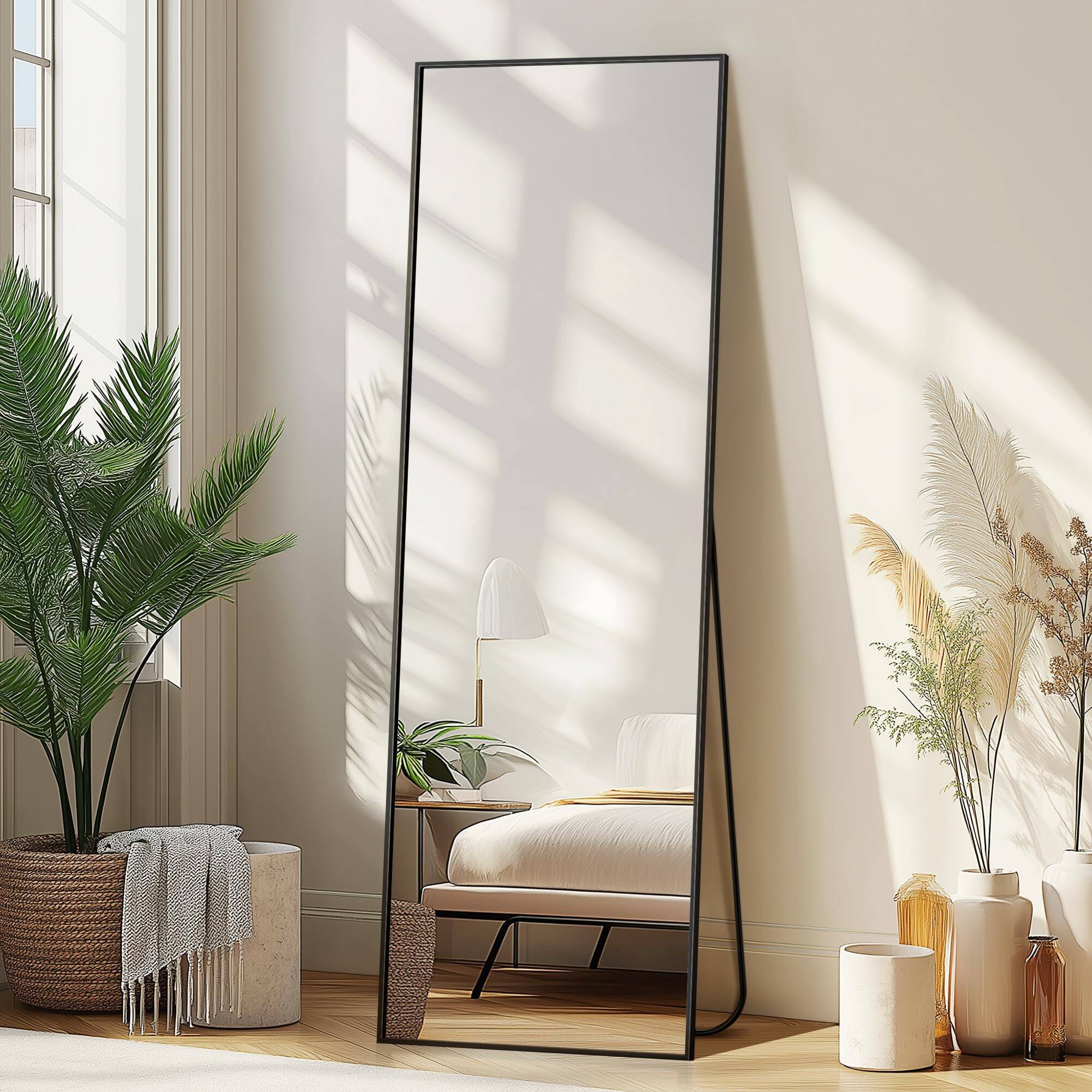 ThinkLink Electronic - Wall Full Length Mirror Standing Body Large Floor For Door Bedroom Bathroom Living Room With Aluminium Frame(w - Rect Black 56"L x 15"W