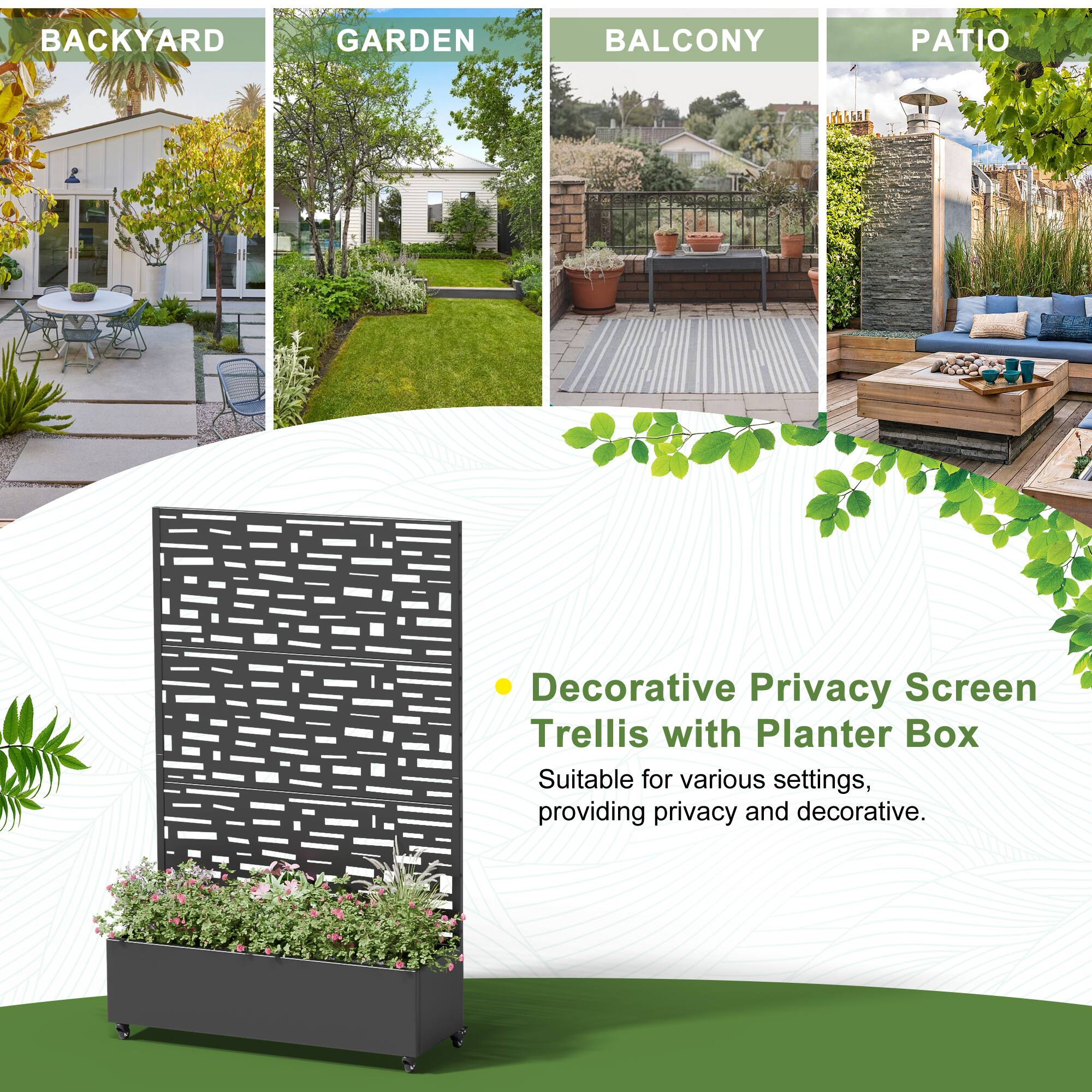 BACKYARD  
GARDEN  
BALCONY  
PATIO  

Decorative Privacy Screen Trellis with Planter Box  
Suitable for various settings, providing privacy and decorative.