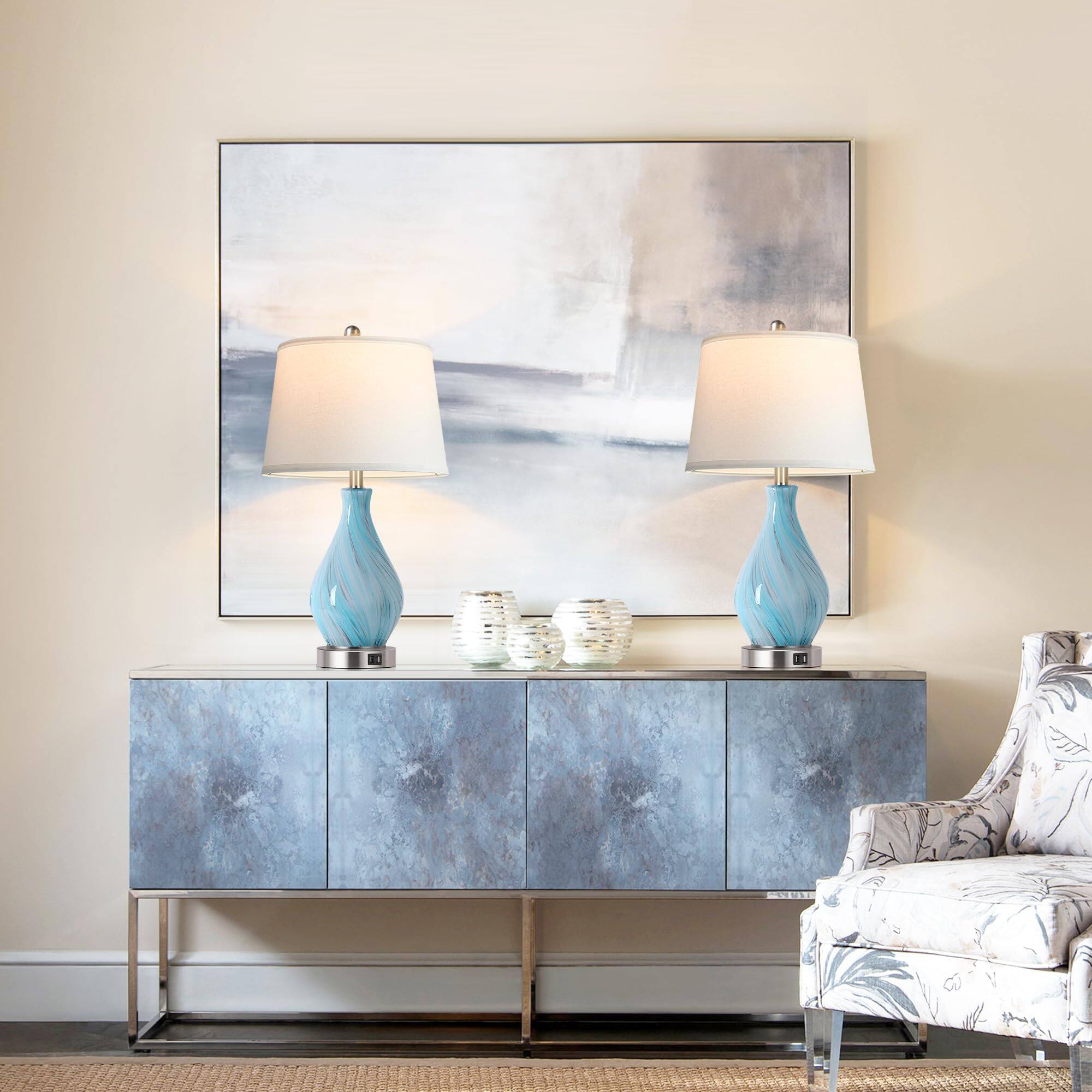 Alt View 1. Pawtners - Set of 2 Glass Table Lamps, 22" Blue Gray Swirl Design with USB Ports & 3-Way Dimmable Touch Control.