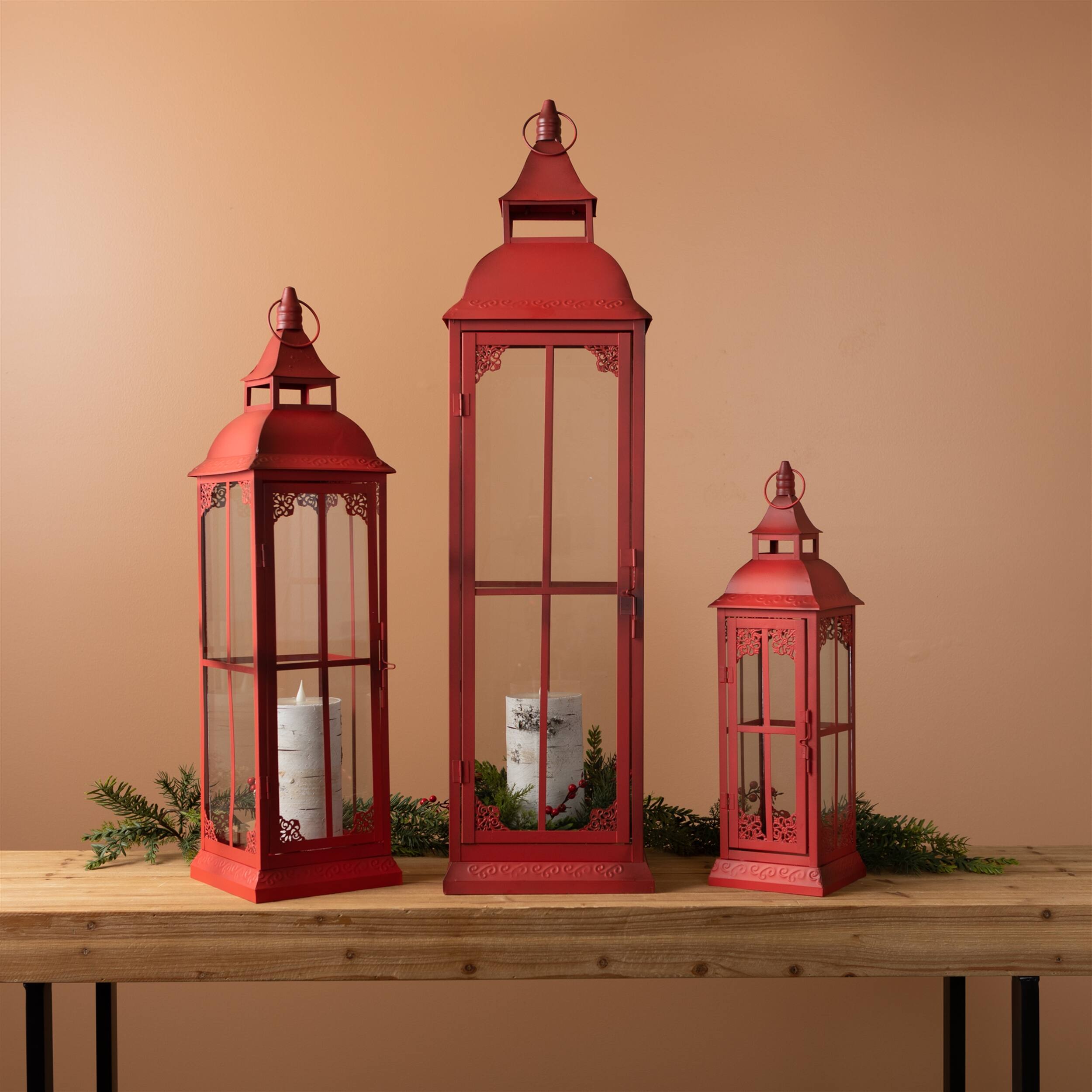 Angle. BreeBe - Ornamental Metal Floor Lantern (Set of 3) - Red.