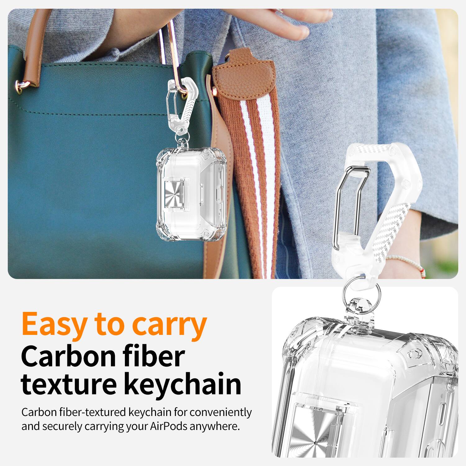 Easy to carry  
Carbon fiber texture keychain  
Carbon fiber-textured keychain for conveniently and securely carrying your AirPods anywhere.