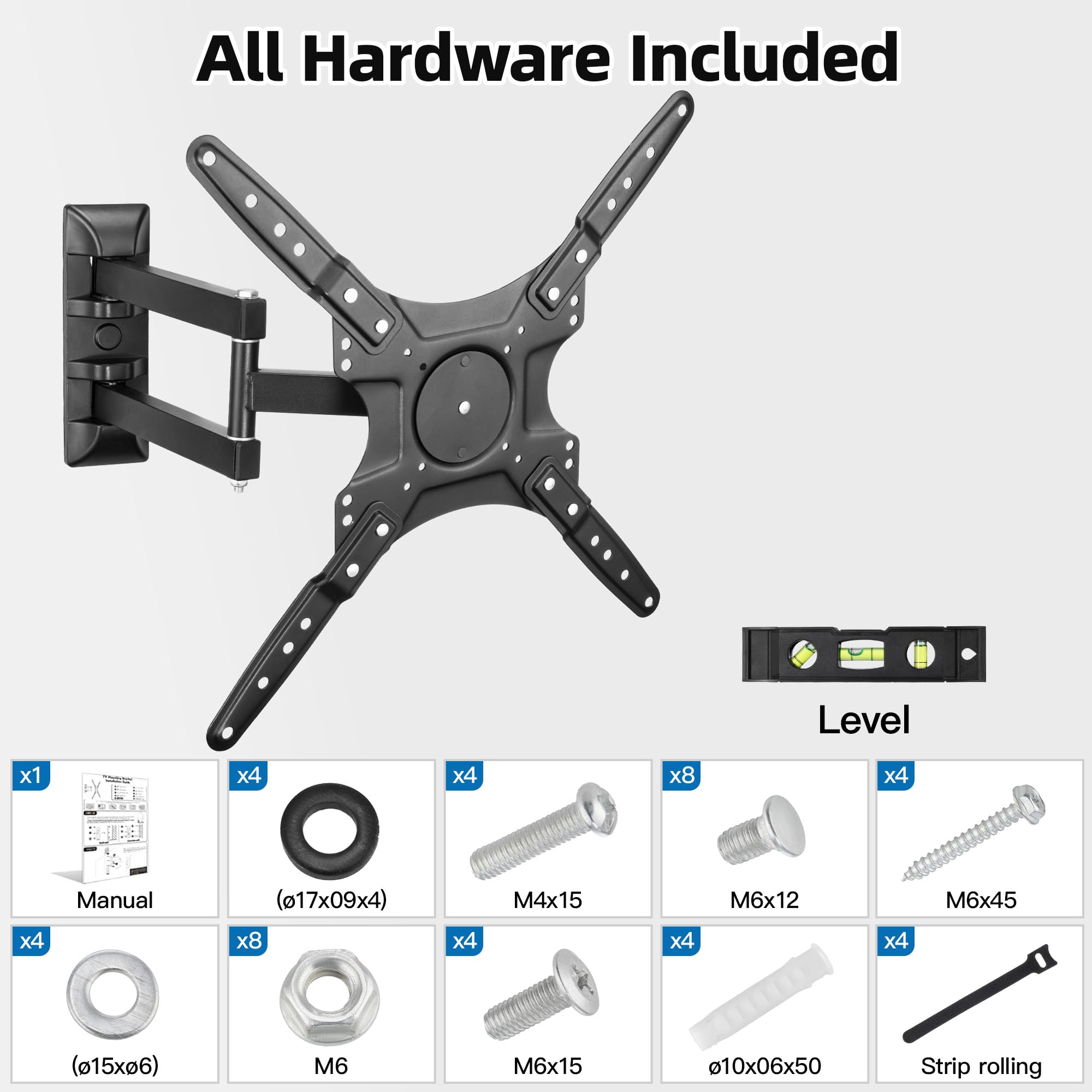All Hardware Included

- Manual (1x)
- Level (1x)
- (ø17x09x4) x4
- M4x15 x4
- M6x12 x8
- M6x45 x4
- (ø15x06) x4
- M6 x4
- M6x15 x4
- 10x06x50 Strip rolling