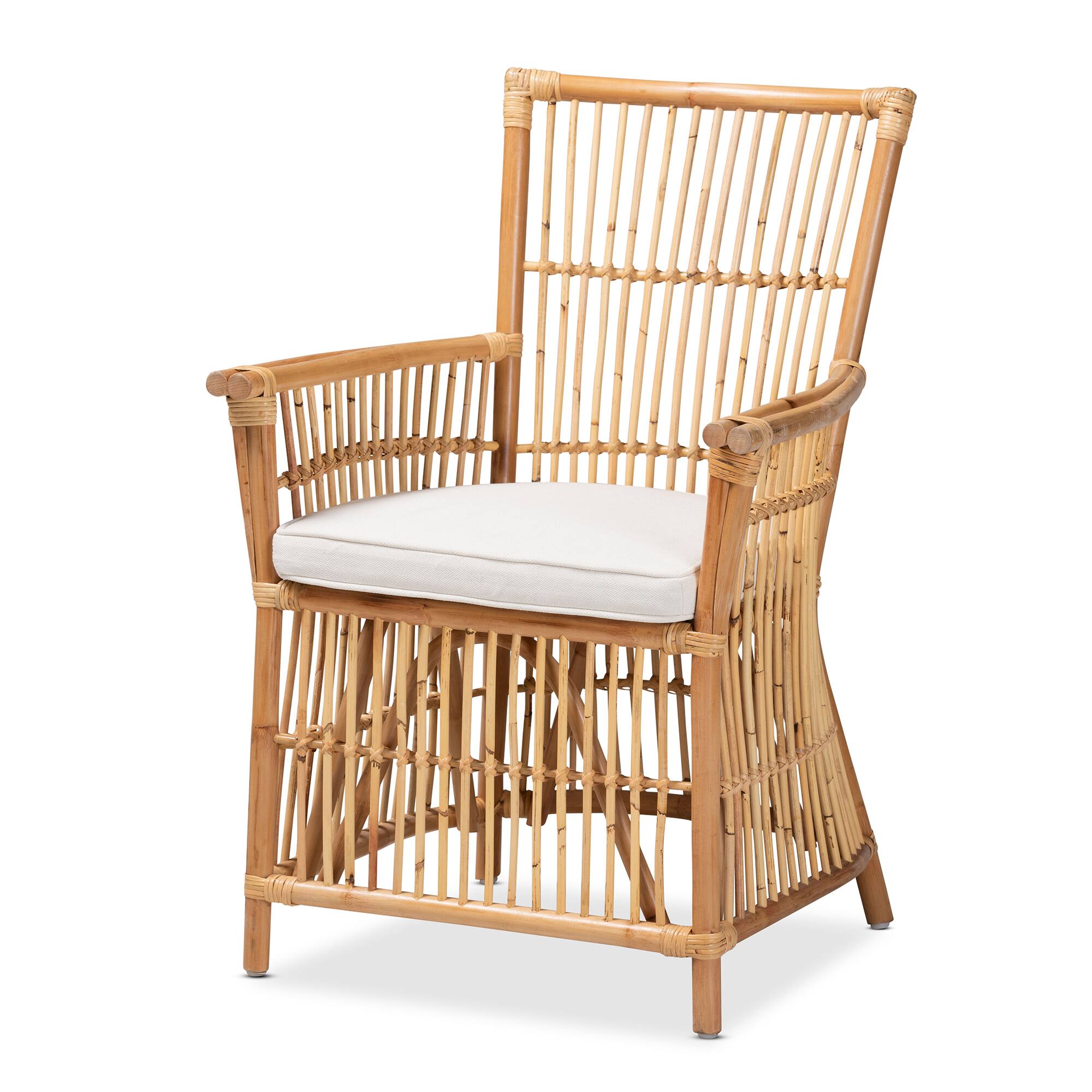 bali & pari - Rose Modern Bohemian Fabric Upholstered and Rattan Armchair - White/Natural Brown