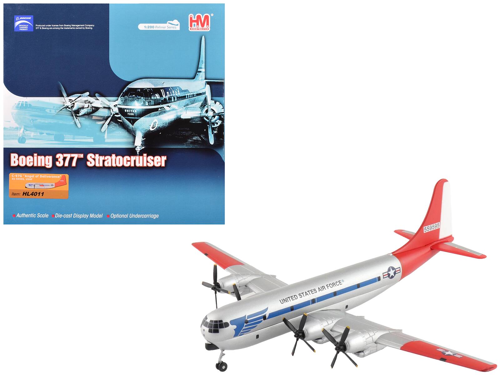 Sure, here is the corrected and grouped text from the image:

---

**Boeing 377™ Stratocruiser**

- **C-076 "Angel of Deliverance"**
- **45-559595, USAF**

**Item: HL4011**

- **Authentic Scale**
- **Die-cast Display Model**
- **Optional Undercarriage**

**1:200 Airliner Series**

**HM**  
**Hobby Master**

**Produced under license from Boeing Management Company, Boeing Aircraft of Canada, Ltd.**

**United States Air Force**

---

This text is organized to reflect the information presented on the packaging and the model itself.