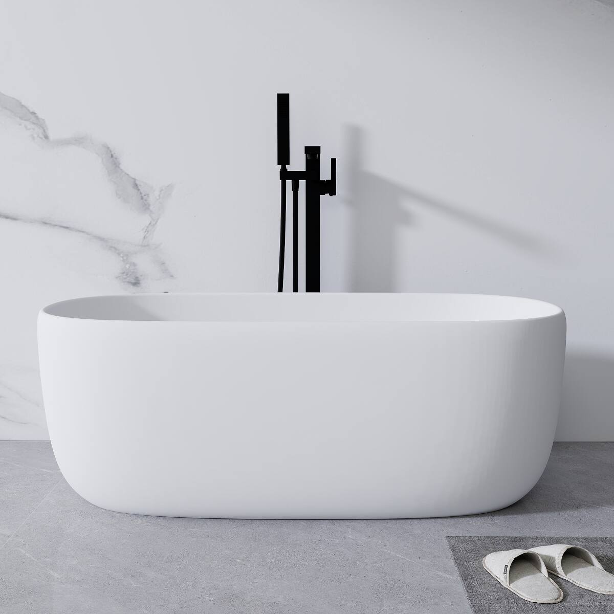 Alt View 1. Loheer - Loheer Freestanding Resin Stone Soaking Bathtub, Matte White Solid Surface Oval Tub with Center Drain, 51 Inch - Matte White.