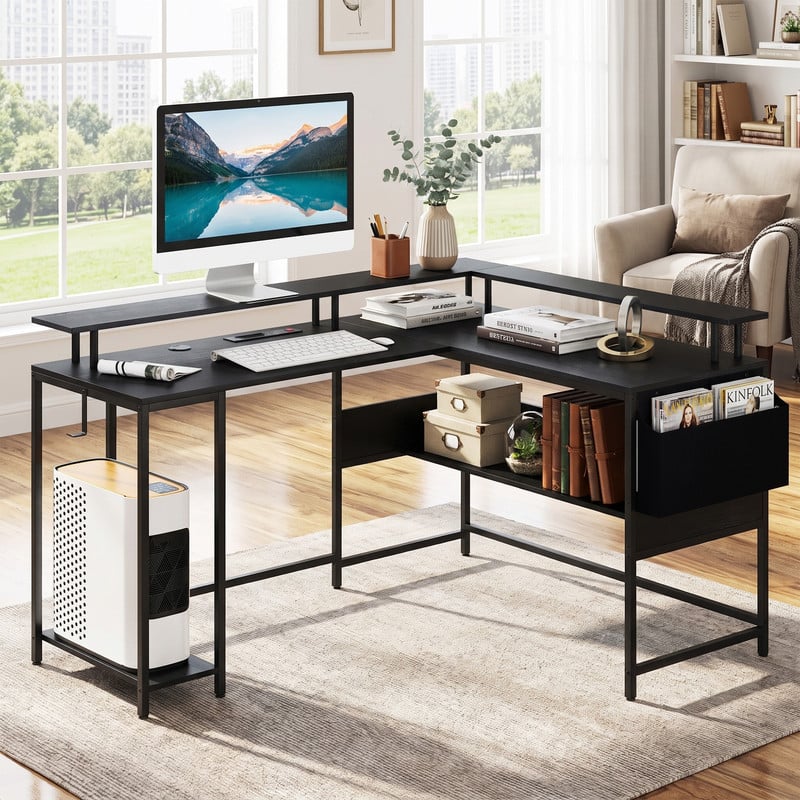 WELLFOR - L Shape Desk with LED Lights and Power Outlets, Computer Desk with Storage Bag & CPU Stand for Home Office Gaming - Black price history on PriceWatchPro