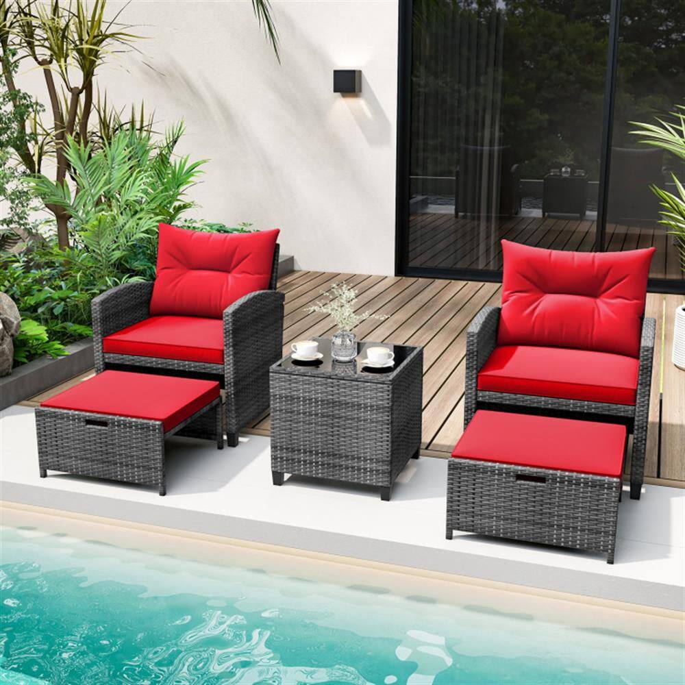 Alt View 5. Kadyn - Patio Furniture Sets,Outdoor & Patio Furniture Sets,5 Piece Patio Rattan Furniture with 2 Ottomans - Red.