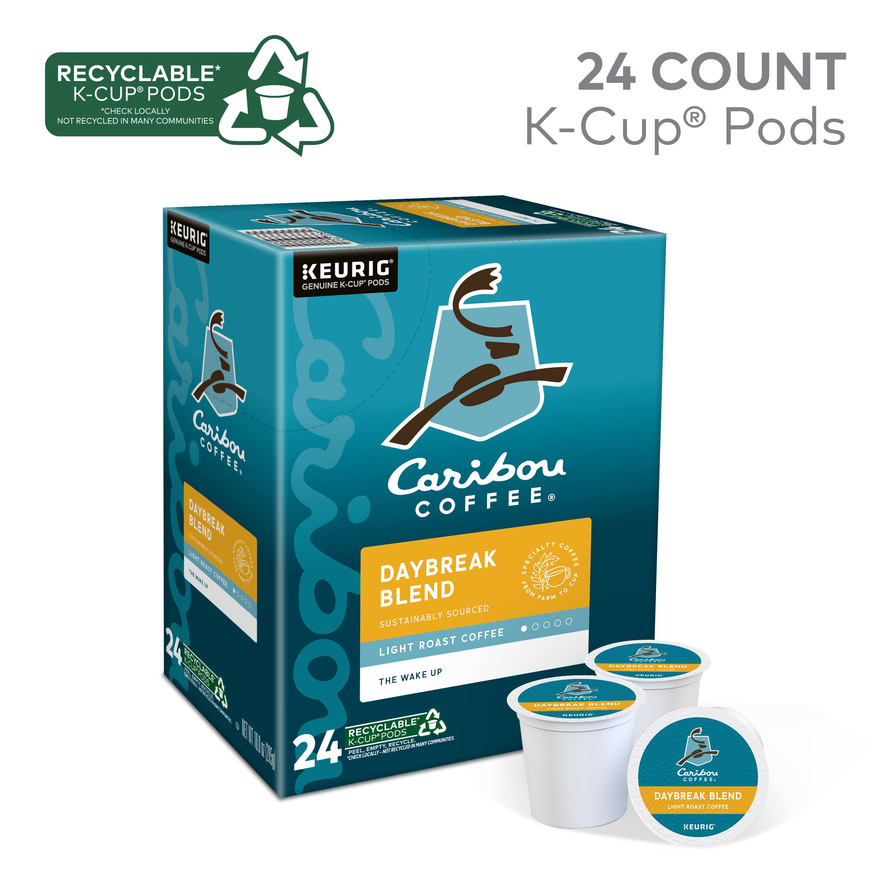 RECYCLABLE* K-CUP PODS CHECK LOCALLY NOT RECYCLEO N MANY COMMUNITIES 24 COUNT R K-Cup Pods V F KEURIG -  PA KEURIG GENUINE K-CUP POOS Caribou COFFEE Caribou DAYBREAK COFFEE BLEND - - -  DAYBREAK SPECIALTY COFFEE - MTL I P BLEND FEOM FLW  SOURCED SUSTAINABLY ROAST COFFEE 24 ESTE LIGHT .MUE : ChiaNa iANN WAKE UP | THE US RDA. | EOBCE EN K-CUPPODS RECYCLABLE U PESTIS - ATE 24   a PEL -  EdE Carlbow O.... DAYBREAK BLEND T  COFTEE REURIC