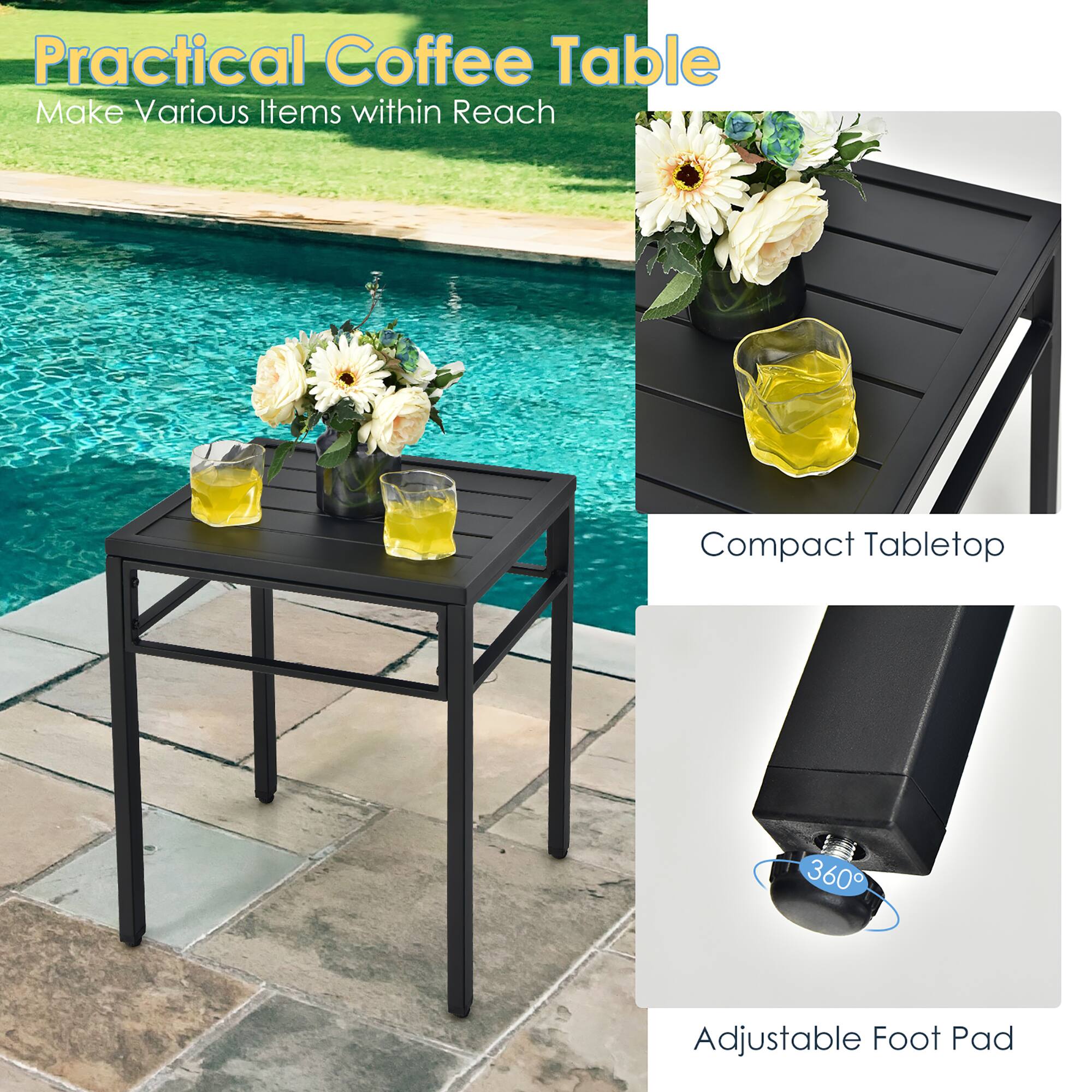 Practical Coffee Table  
Make Various Items within Reach  

Compact Tabletop  

Adjustable Foot Pad  
360°