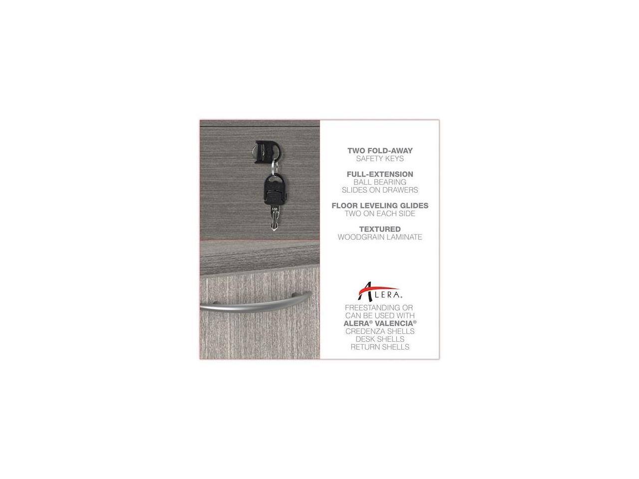 TWO FOLD-AWAY SAFETY KEYS  
FULL-EXTENSION BALL BEARING SLIDES ON DRAWERS  
FLOOR LEVELING GLIDES TWO ON EACH SIDE  
TEXTURED WOODGRAIN LAMINATE  

FREESTANDING OR CAN BE USED WITH ALERA VALENCIA CREDENZA SHELLS, DESK SHELLS, RETURN SHELLS